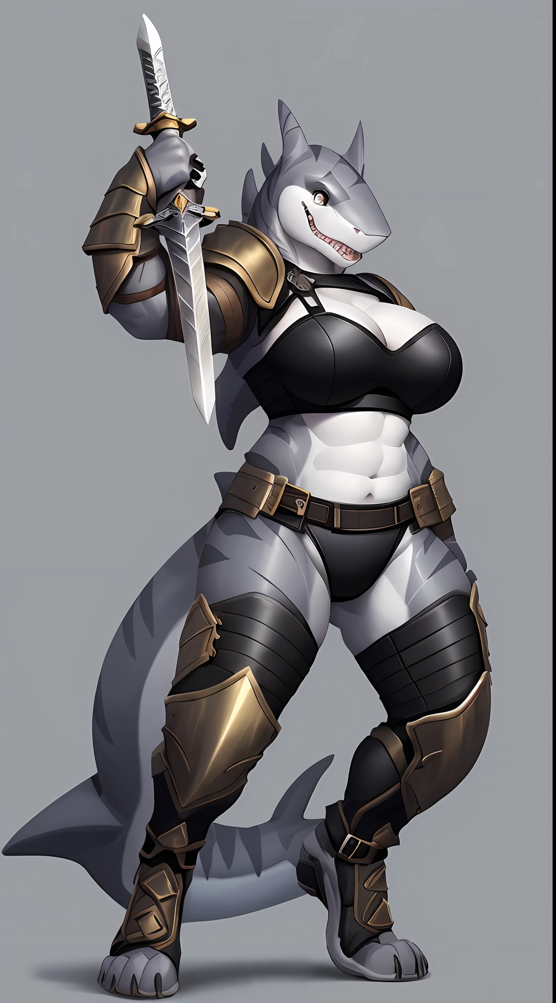 (Shark), anthro, (wearing tube top), (wearing armor leggings), high detail, high resolution, raw photo, gray background, 1girl, solo, big breasts, high quality, hi res, sharp, detailed body, detailed, cartoony, ((looking at viewer)), angry, mad, chubby, muffin top, whole body, ((full body portrait)), far away, (((full body concept))), attack pose, battle pose, sword pose, ((holding sword)), Medieval, rpg