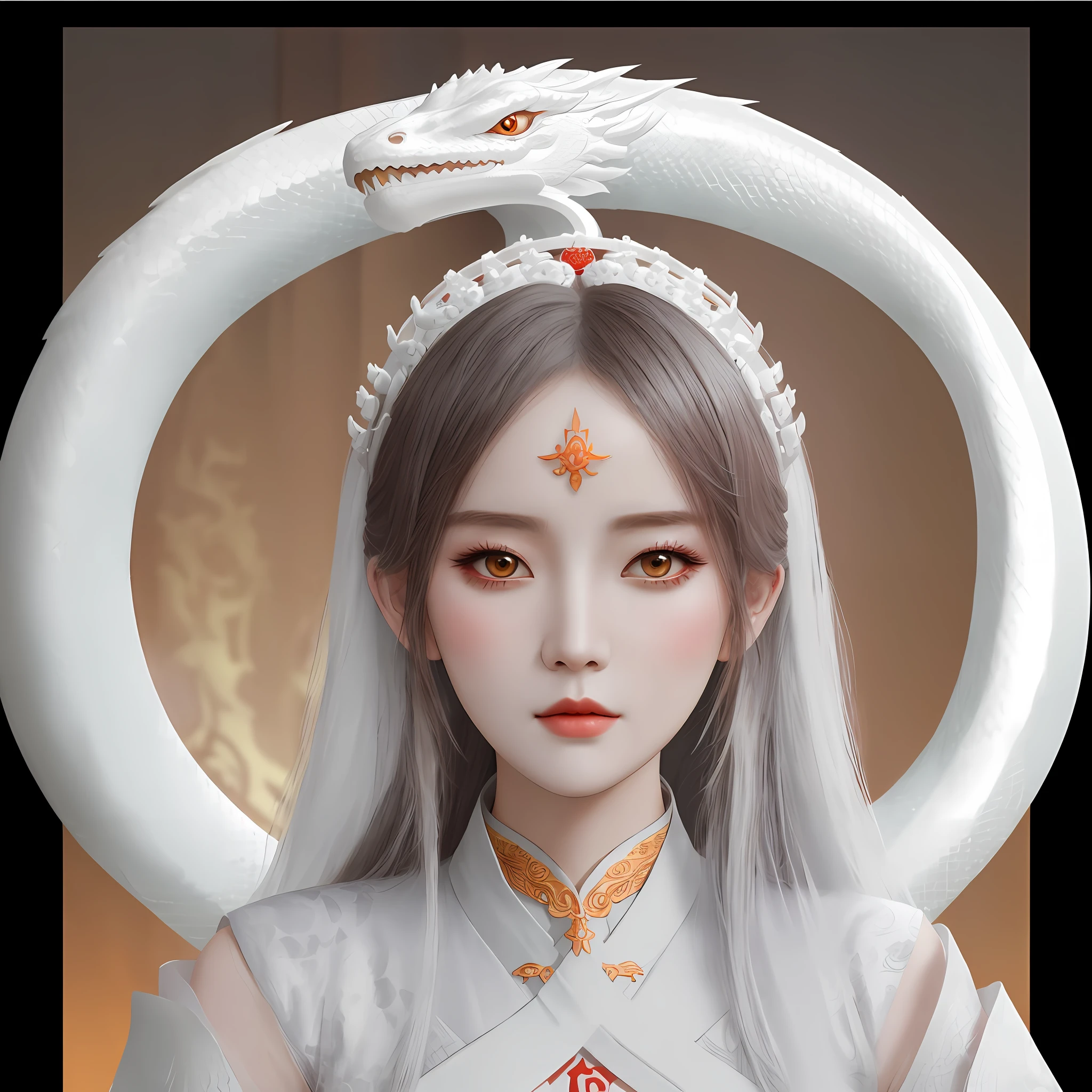 there is a woman in a white dress with a white dragon on her head, guweiz, artwork in the style of guweiz, white hanfu, the dragon girl portrait, snake woman hybrid, guweiz masterpiece, loong, palace ， a girl in hanfu, a beautiful fantasy empress, portrait of a sacred serpent