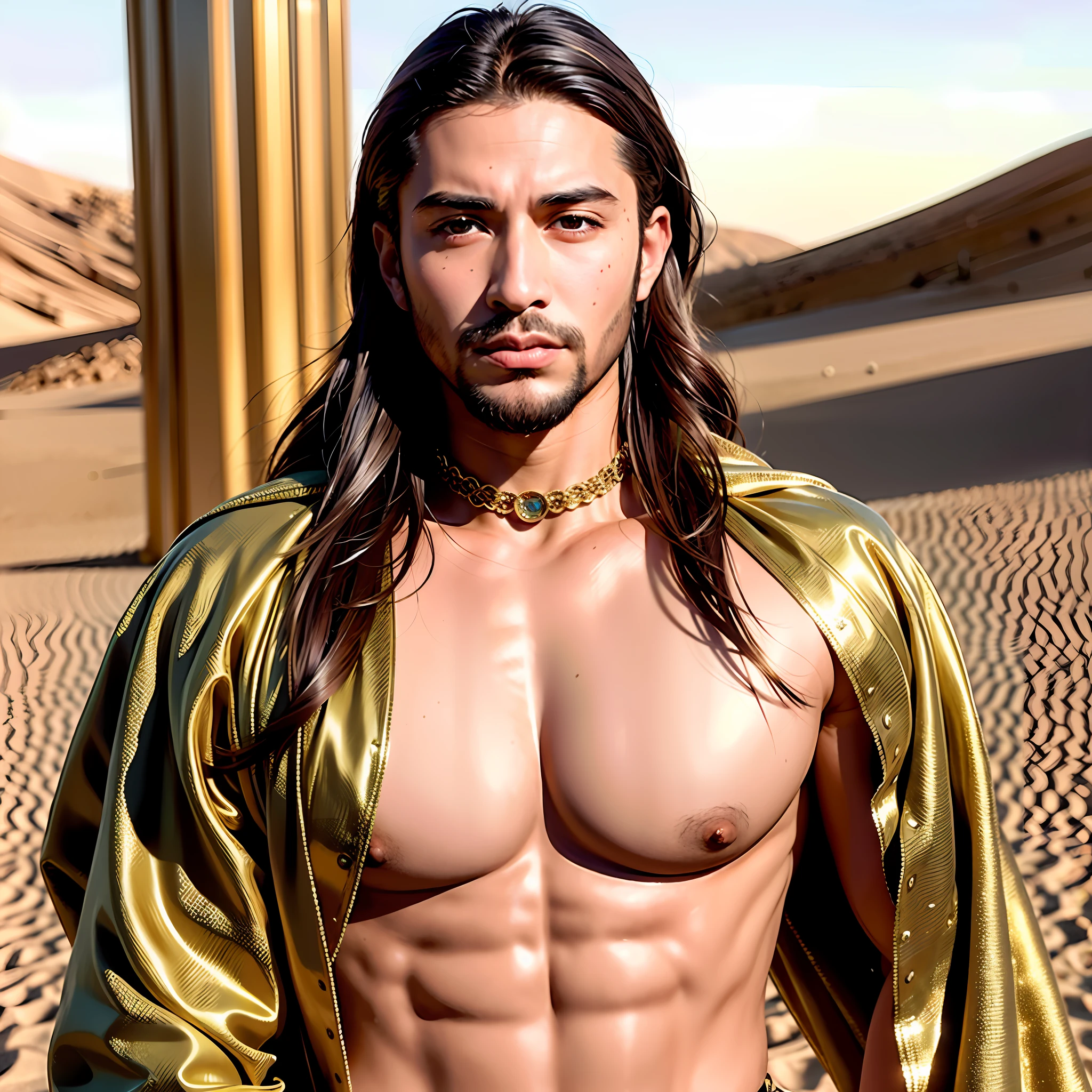 fking_scifi, fking_scifi_v2, portrait of a young, muscular very handsome and attractive Arabic warrior man, in front of an sand desert, long messy hair, hairy body, rich colorful and golden jewelry, close up, regal pose and attitude. fking_cinema_v2.