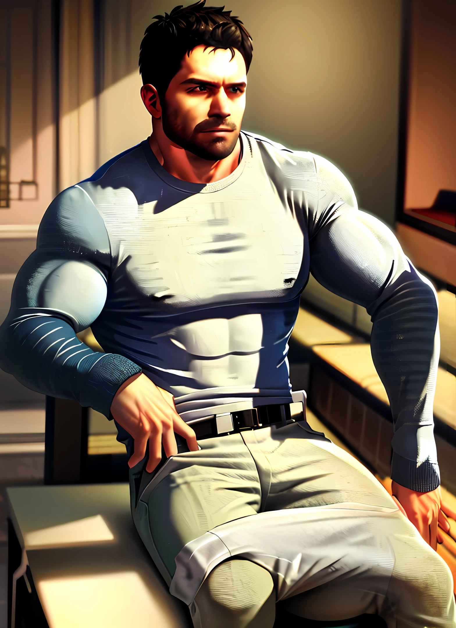 Best Quality, Masterpiece, Expressionless, Ultra High Resolution, Detailed Background, Realistic, 1 Person, Solo, Male, Muscular, Mature Male, Short Hair, Facial Hair, Seated, Money, Sofa, Real Shadows and Light, Depth of Field, Chest, Biceps, Pectals, Abs,