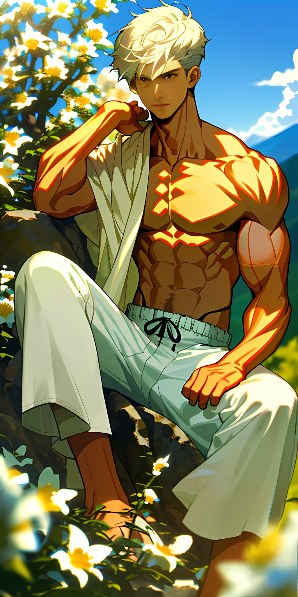 (masterpiece, best quality),1boy with short white hair sitting on mountain full of flowers, warm lighting, white shorts, blurry foreground, muscular body, Indian face, shirtless