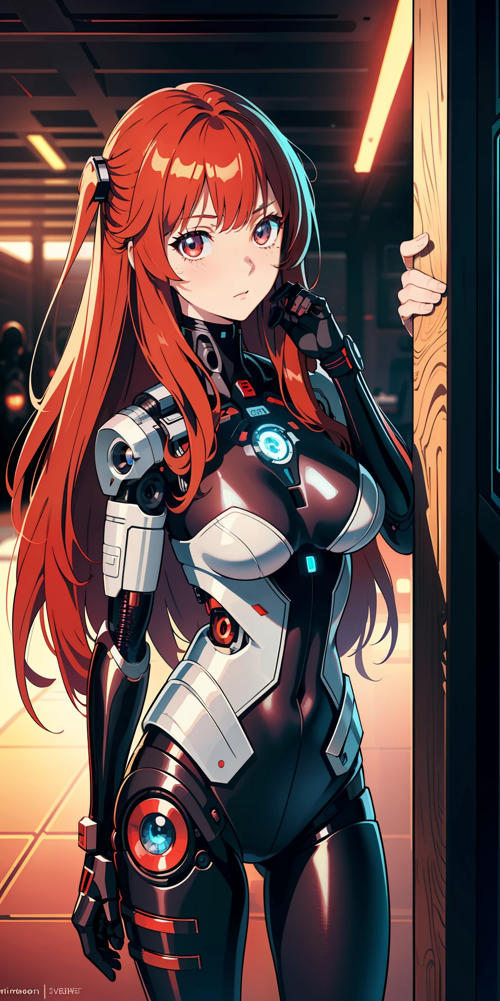 (extremely detailed CG unity 8k wallpaper), (finely detailed beautiful eyes: 1.2), (1 girl), (cyborg:1.3), (high-tech), (long crimson hair:1.2), embarrassed, (anime:1.2), Futurism, depth of field, (masterpiece:1.2), (best quality), 4K, high details