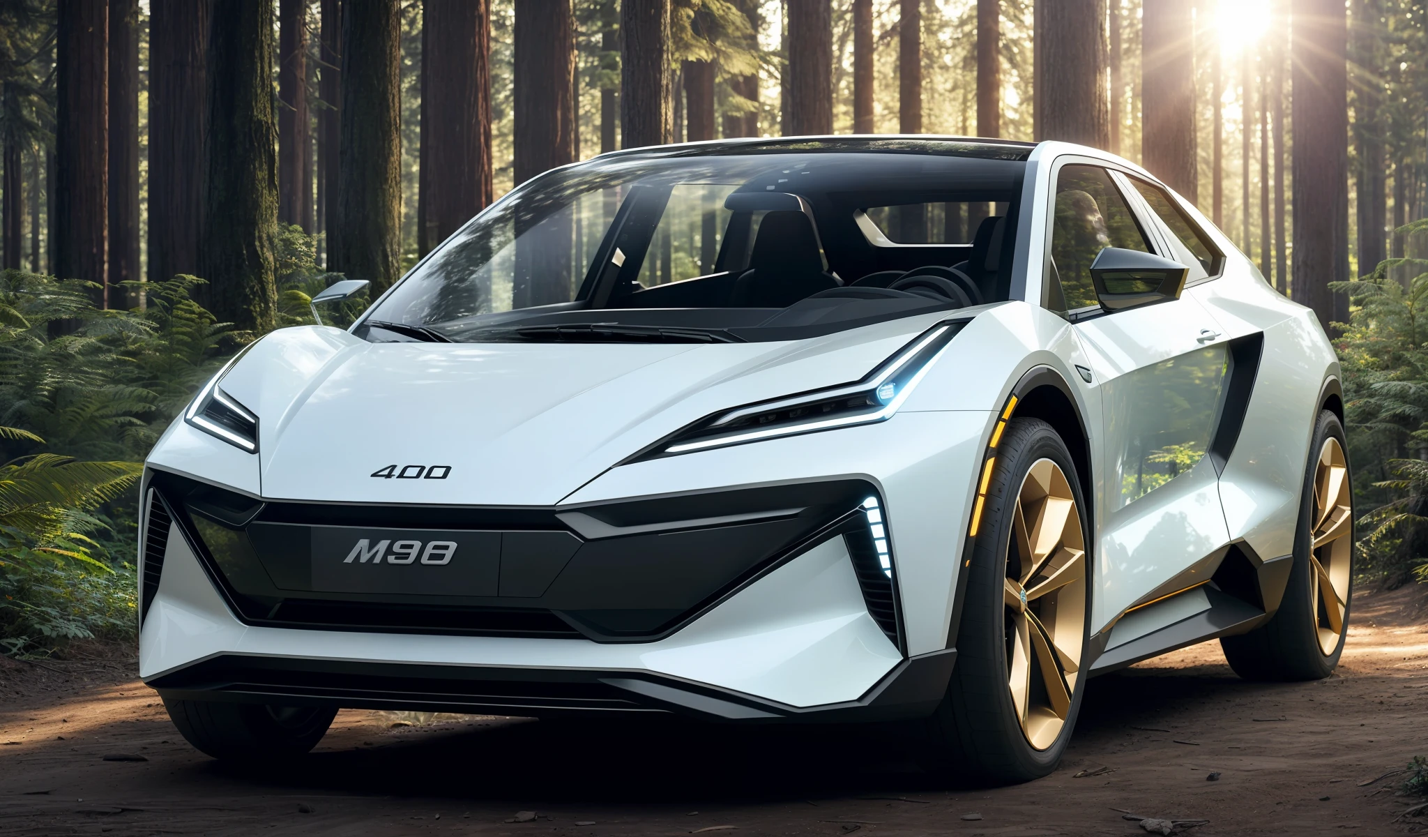 aito SUV M9 through forest commercial photo, full of stars, white blue, golden hour, movie, 4k, volumetric lighting (good composition), (in frame), centered, 8k, 4k, detailed, attractive, beautiful, impressive, realistic, realistic, cinematic composition, volumetric lighting, high resolution, vivid, detailed, stunning, professional, realistic, clear, perfect, dslr, 4k, 8k, 16k, 1024, 2048, 4096, detailed , sharp, best quality, high quality, high quality, high resolution, absurd Pure picture 2023 futuristic style electric car Sleek models The right ratio The car occupies 4/1 of the picture