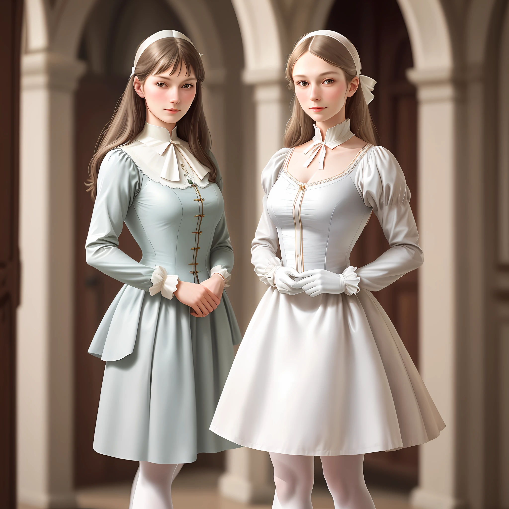 Beautiful girl in England, Florence Nightingale, (ballet clothes), tea time, stood up, upright, ((calm pose)), smiles, ((realistic face)), realistic proportions, white gloves, formal shirt, white tights, loose collar buttons, nipple bumps, long loose hair, noble features, [lift the hem of the skirt], staring at the camera, Blushing, eyes of their own, (delicate illustrations: 1.4), (Renaissance art: 1.4), (Ultra High Resolution: 1.2), (Photorealistic: 1.4), (8K, RAW photos: 1.2), (Soft Focus: 1.4), (18 years old: 1.3), (Sharp Focus: 1.4), Beautiful face with attention to detail, Pure Rose Face_V1