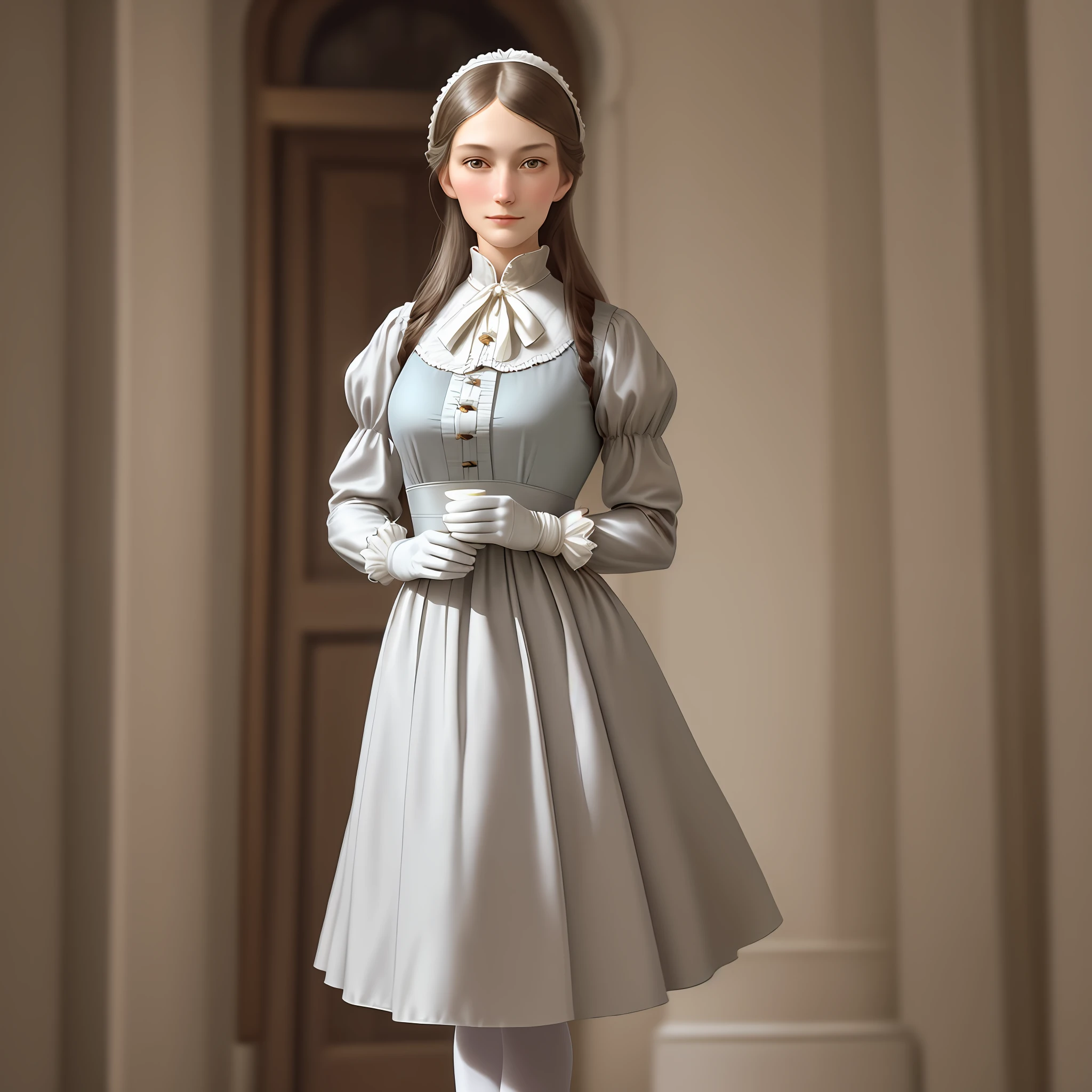 Beautiful girl in England, Florence Nightingale, (ballet clothes), tea time, stood up, upright, ((calm pose)), smiles, ((realistic face)), realistic proportions, white gloves, formal shirt, white tights, loose collar buttons, nipple bumps, long loose hair, noble features, [lift the hem of the skirt], staring at the camera, Blushing, eyes of their own, (delicate illustrations: 1.4), (Renaissance art: 1.4), (Ultra High Resolution: 1.2), (Photorealistic: 1.4), (8K, RAW photos: 1.2), (Soft Focus: 1.4), (18 years old: 1.3), (Sharp Focus: 1.4), Beautiful face with attention to detail, Pure Rose Face_V1