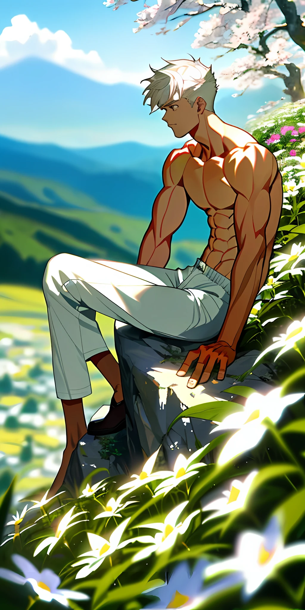 (masterpiece, best quality),1boy with short white hair sitting on mountain full of flowers, warm lighting, white shorts, blurry foreground, muscular, white face, shirtless