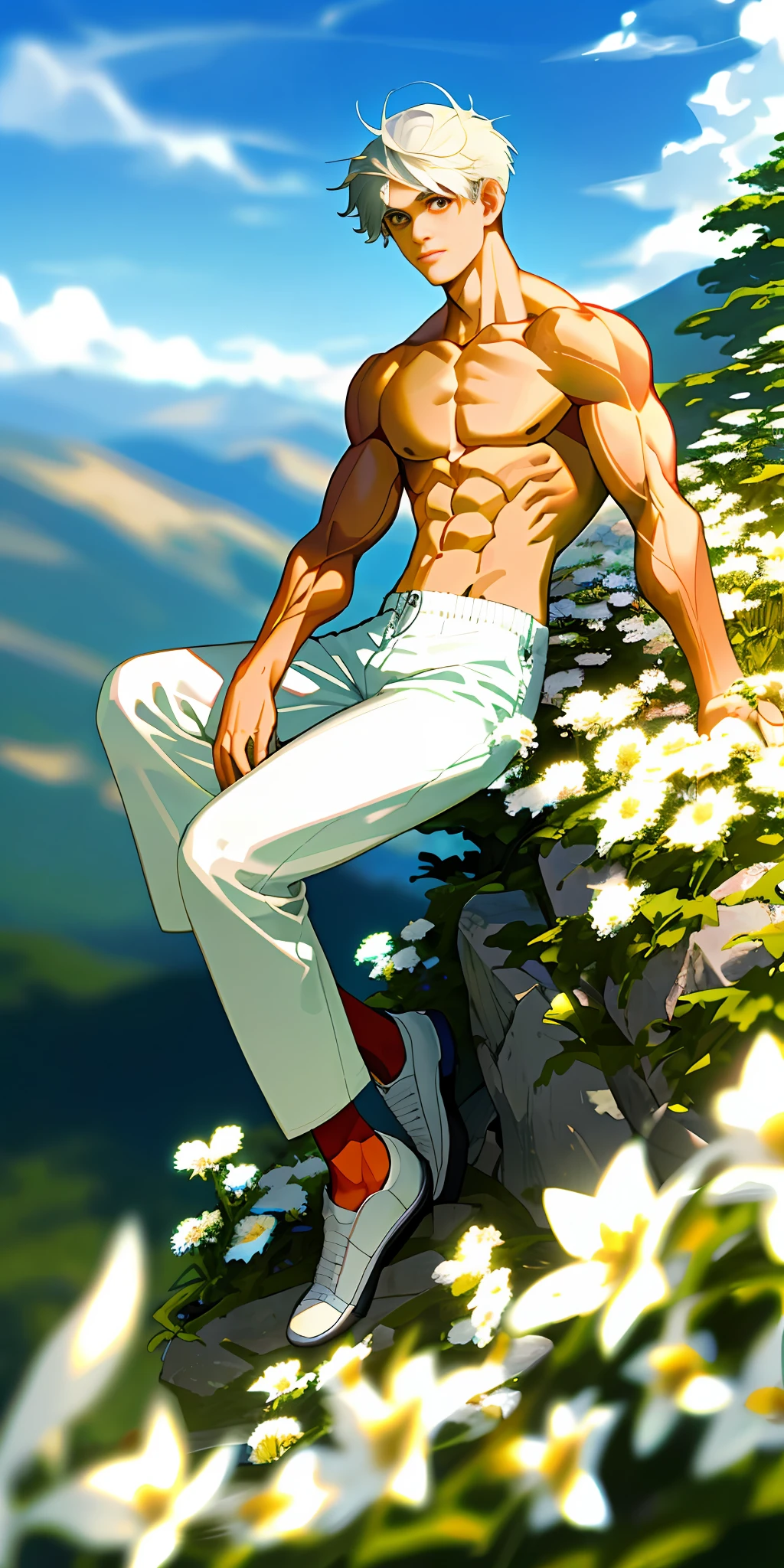 (masterpiece, best quality),1boy with short white hair sitting on mountain full of flowers, warm lighting, white shorts, blurry foreground, muscular, white face, shirtless