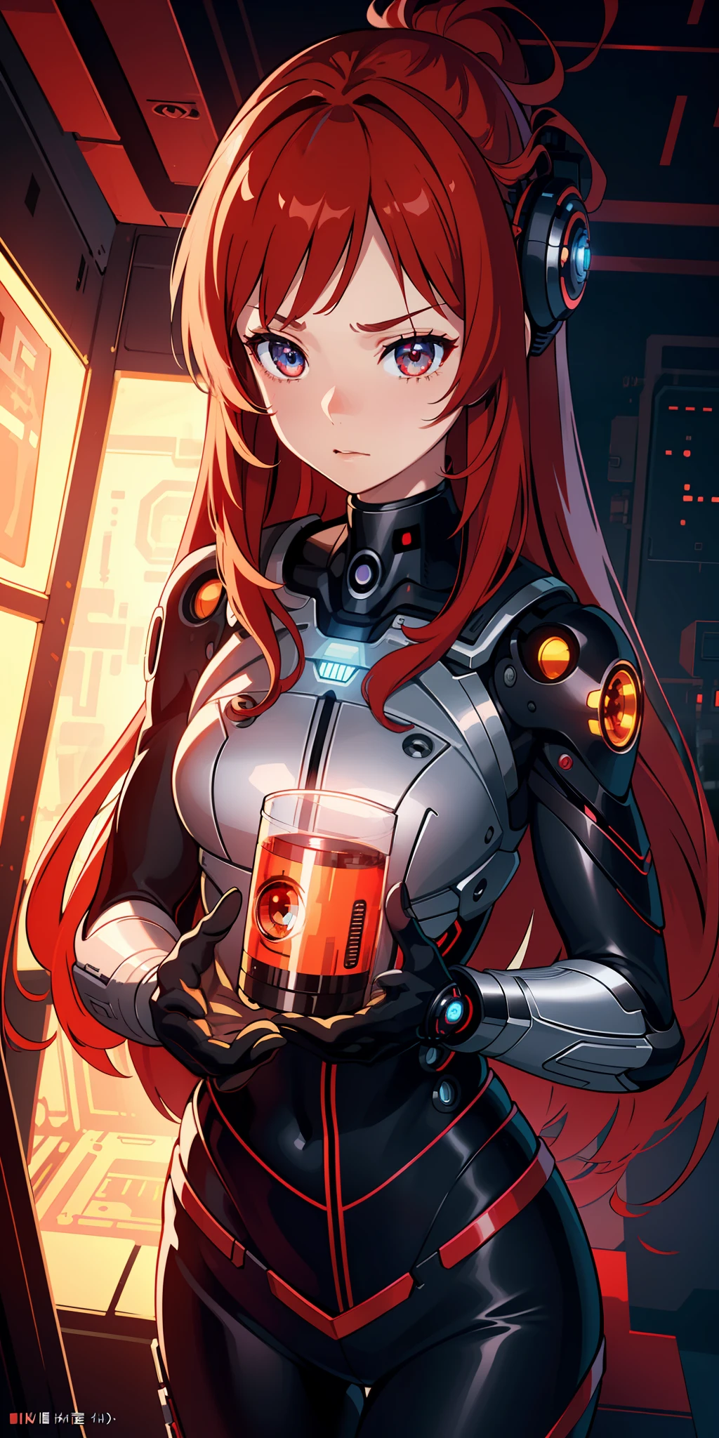 (extremely detailed CG unity 8k wallpaper), (finely detailed beautiful eyes: 1.2), (1 girl), (cyborg:1.3), (high-tech), (long crimson hair:1.2), embarrassed, (anime:1.2), Futurism, depth of field, (masterpiece:1.2), (best quality), 4K, high details