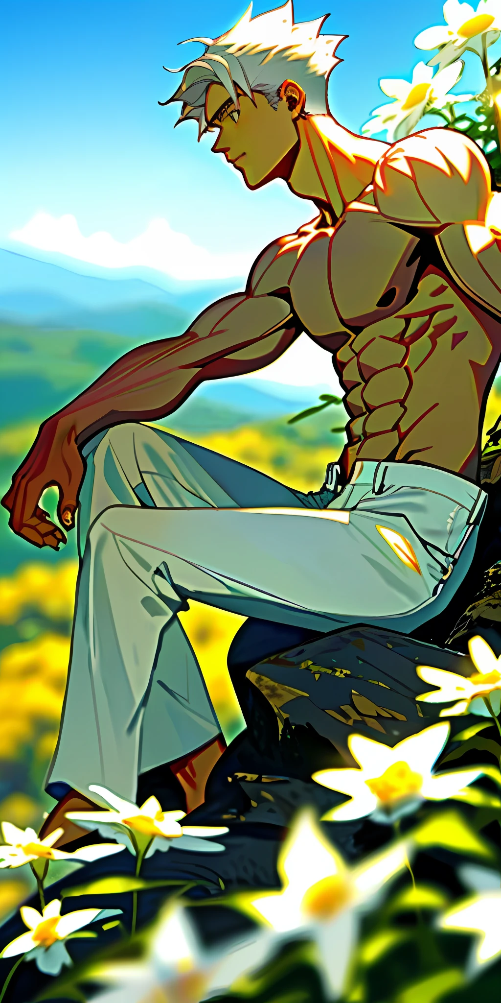 (masterpiece, best quality),1boy with short white hair sitting on mountain full of flowers, warm lighting, white shorts, blurry foreground, muscular, white face, shirtless