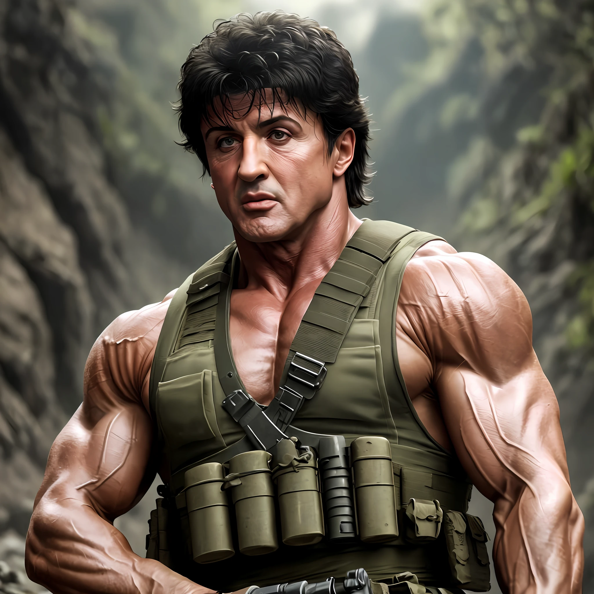 RAMBO , ULTRA REALISTIC 4K , IN WORLD WAR , MACHINE GUNNING , (( Cute )) , "Sylvester Stallone " ""PERFECT"" , Sylvester Stallone