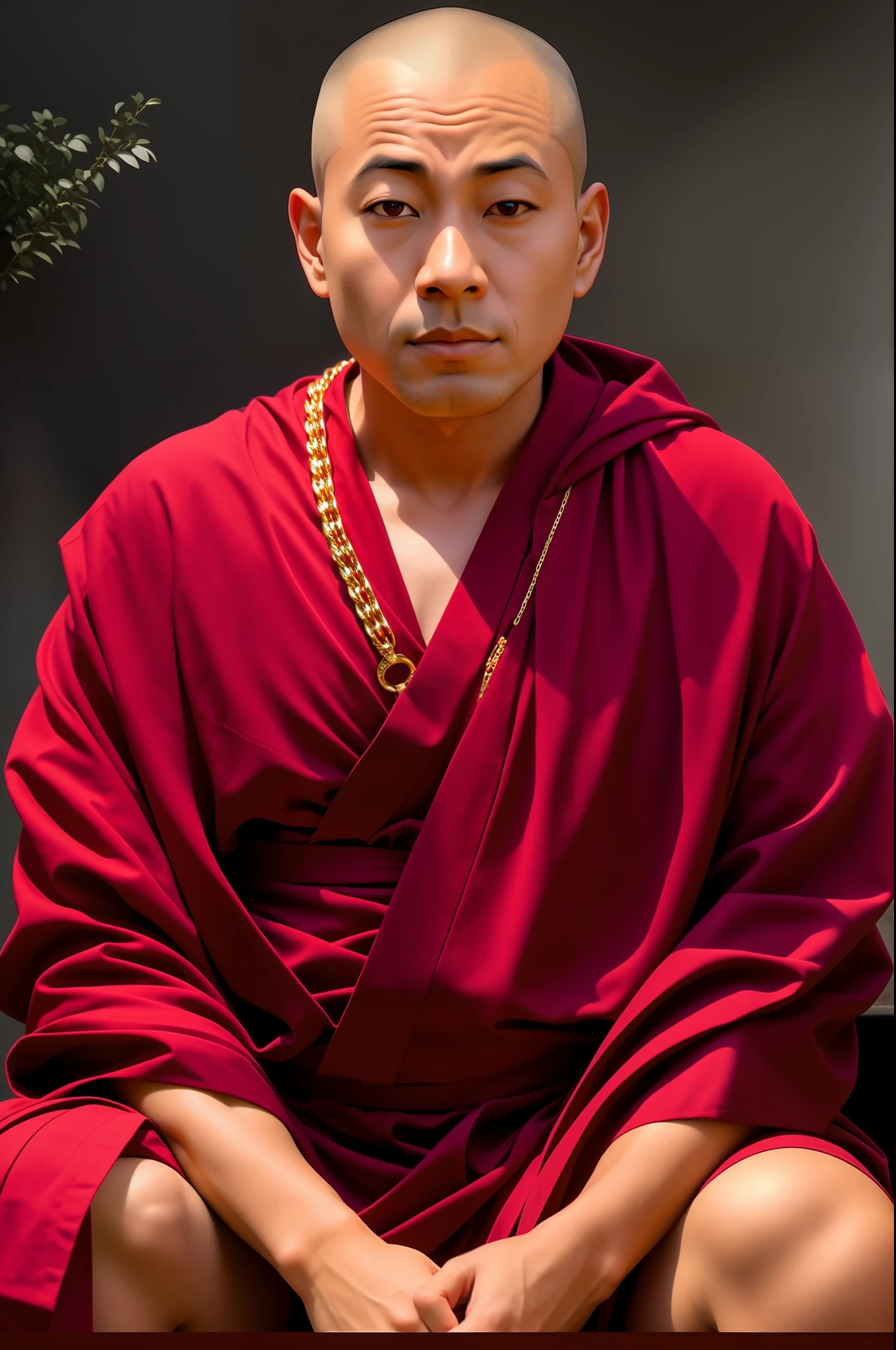 arafed man in red robe sitting on a chair with a gold chain around his neck, portrait of monk, monk meditate, 2 1 st century monk, buddhist monk, monk, portrait shot, buddhist monk meditating, closeup portrait shot, full body picture of a male monk, buddhist, fisting monk, monk clothes, symmetry!! portrait of akuma
