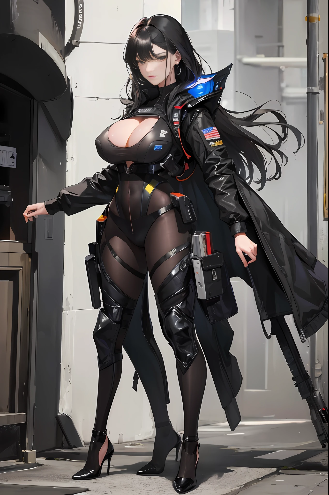 (highest resolution, distinct_image) Best image quality, Goddess masterpiece, high detail, semi-realistic, black hair, bangs, 18 years old, mature woman, young, big breasts, black tights, black flight suit, spacecraft background, cold, serious, tall and handsome, authoritative, powerful, delicate facial features, delicate facial features, full body, sexy, high heels,,