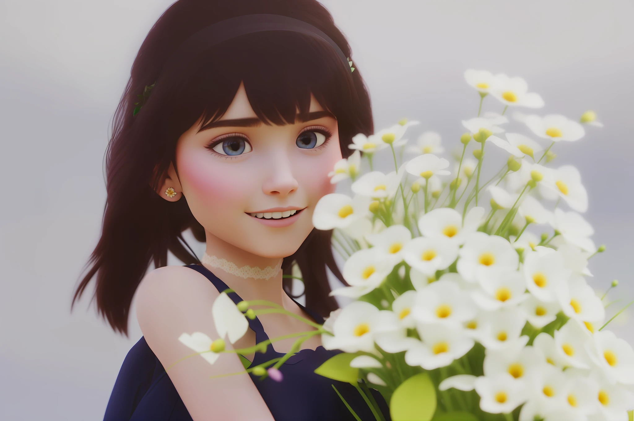 There is a young girl holding a bouquet of flowers in her hand with flowers, cartoon avatar, disney style, disney princess, depth of field, UHD, retina, masterpiece, ccurate, anatomically correct, textured skin, high detail, high quality, high resolution, best quality, 8k, hd