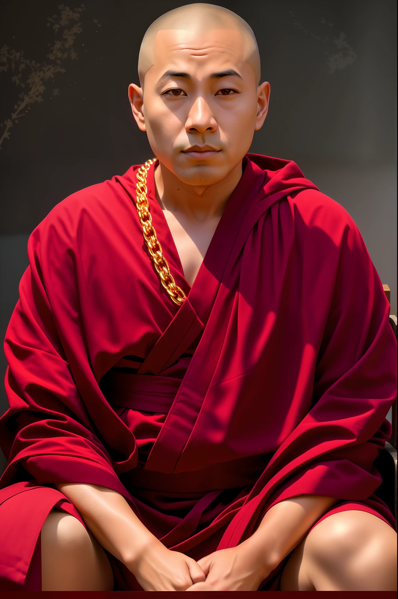 arafed man in red robe sitting on a chair with a gold chain around his neck, portrait of monk, monk meditate, 2 1 st century monk, buddhist monk, monk, portrait shot, buddhist monk meditating, closeup portrait shot, full body picture of a male monk, buddhist, fisting monk, monk clothes, symmetry!! portrait of akuma