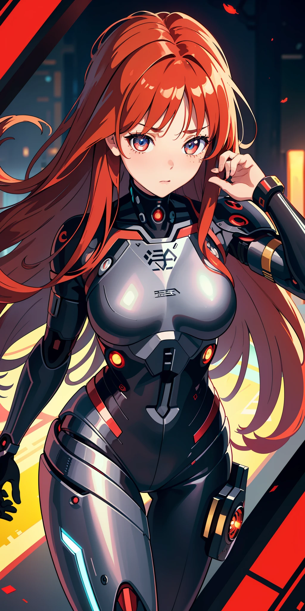 (extremely detailed CG unity 8k wallpaper), (finely detailed beautiful eyes: 1.2), (1 girl), (cyborg:1.3), (high-tech), (long crimson hair:1.2), embarrassed, (anime:1.2), Futurism, depth of field, (masterpiece:1.2), (best quality), 4K, high details
