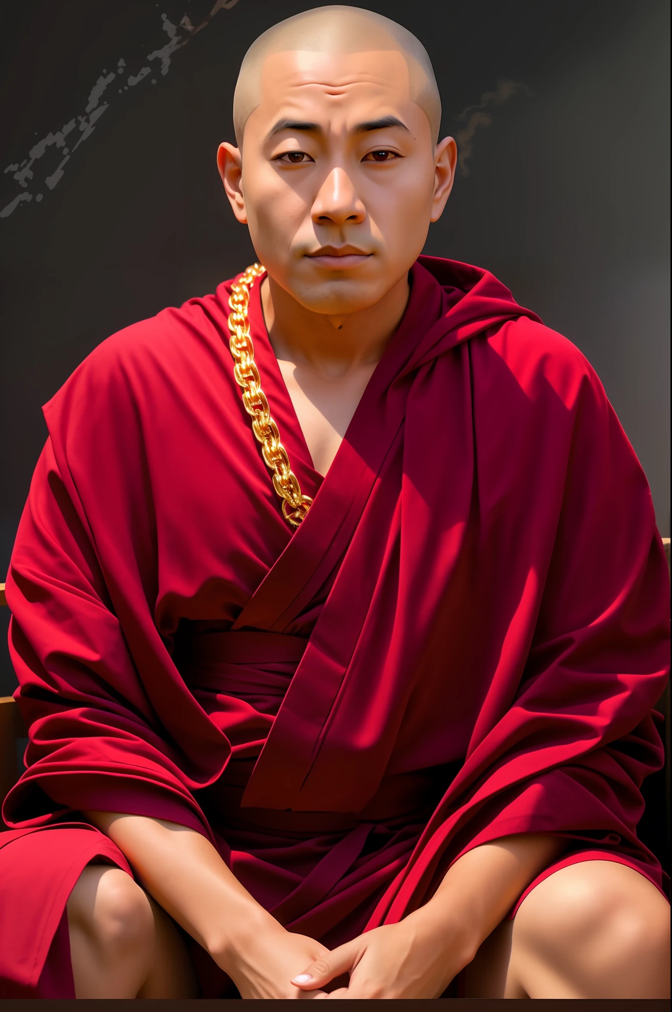 arafed man in red robe sitting on a chair with a gold chain around his neck, portrait of monk, monk meditate, 2 1 st century monk, buddhist monk, monk, portrait shot, buddhist monk meditating, closeup portrait shot, full body picture of a male monk, buddhist, fisting monk, monk clothes, symmetry!! portrait of akuma