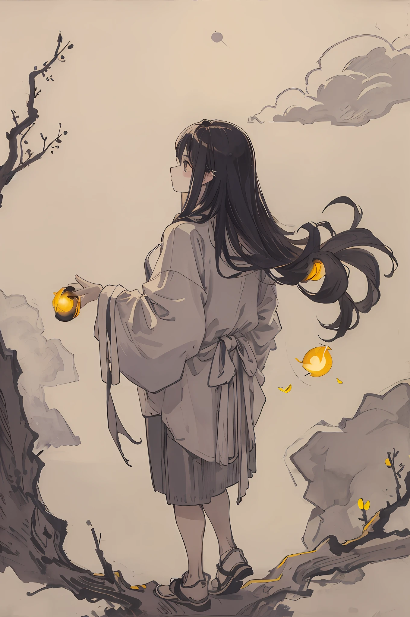 masterpiece, best quality, night, hill, clouds, full moon, long hair, woman, silhouette, fireflies.stars