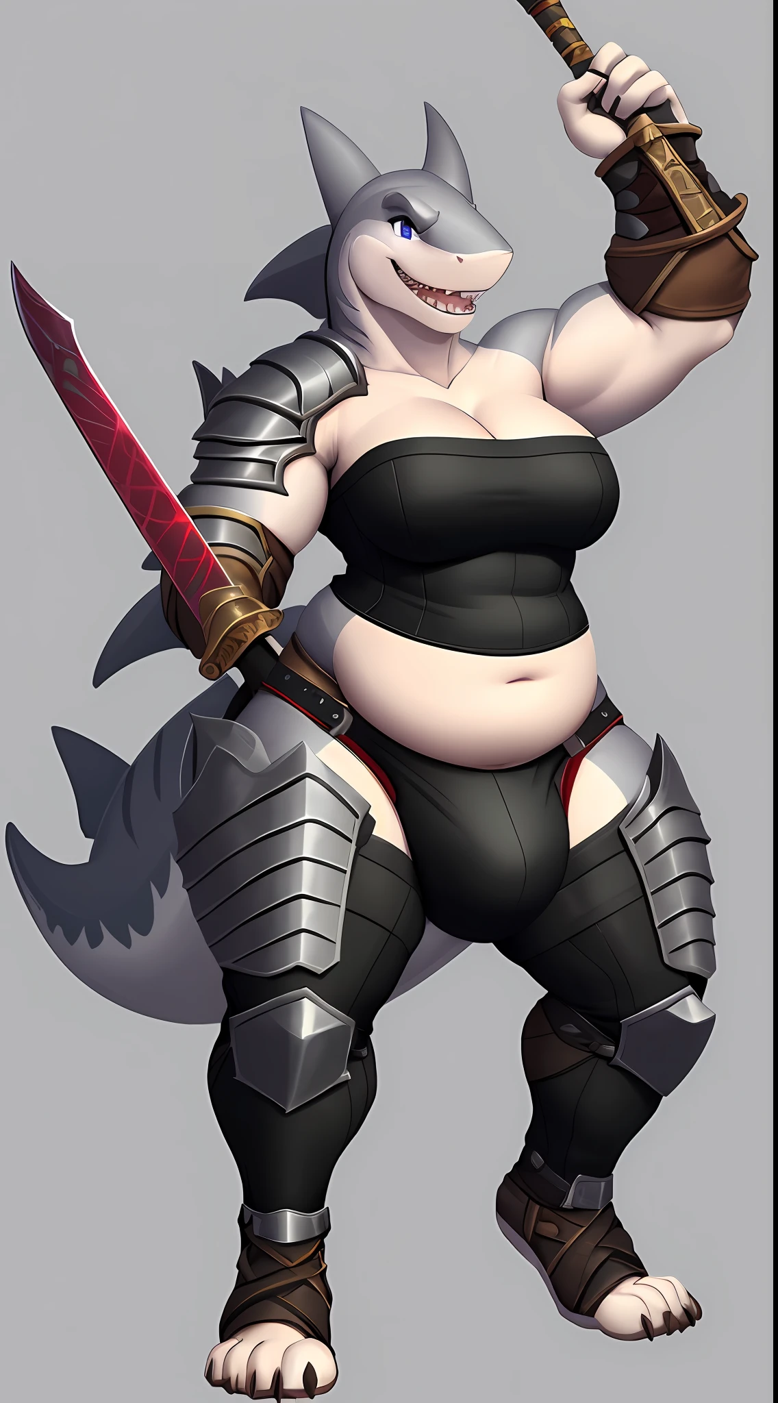 (Shark), tan anthro, (wearing tube top), tight fit, (wearing armor leggings), high detail, high resolution, raw photo, gray background, 1girl, solo, small breasts, high quality, hi res, sharp, detailed body, detailed, cartoony, ((looking at viewer)), angry, mad, chubby, muffin top, overweight, whole body, ((full body portrait)), far away, (((full body concept))), attack pose, battle pose, sword pose, ((holding sword)), Medieval, rpg, (((hyper huge bulge))), fat thighs, thick thighs, wide hips, huge hips, twink, femboy