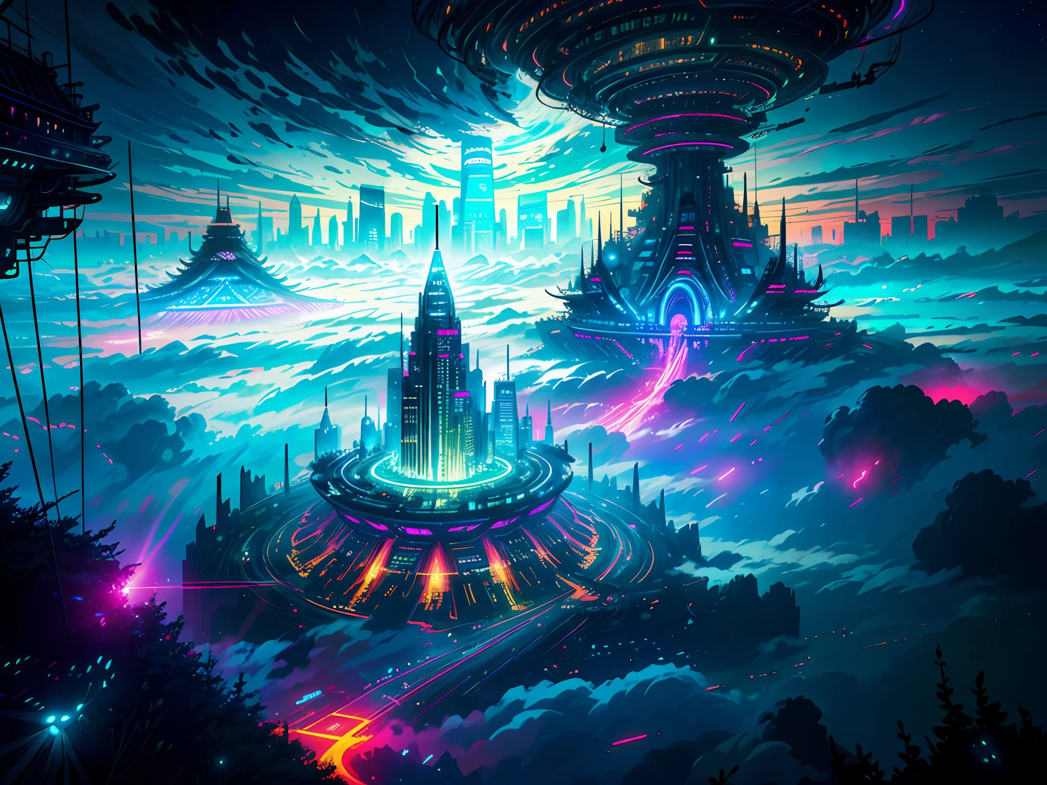 octane render, bioluminescent,8K resolution concept art, realism,by Mappa studios,masterpiece,best quality,official art,illustration,ligne claire,(cool_color),perfect composition,absurdres, fantasy,focused,(finely detailed modern lost_city:1.3),(lost_city towering above the clouds:1.2),epic,an ,motion,(depth_of_field), extension image, view from above of a futuristic amusement park,intricate detail,neon light,wheel,the park is on a floating island in the sky, above the cloud, night, park furniture