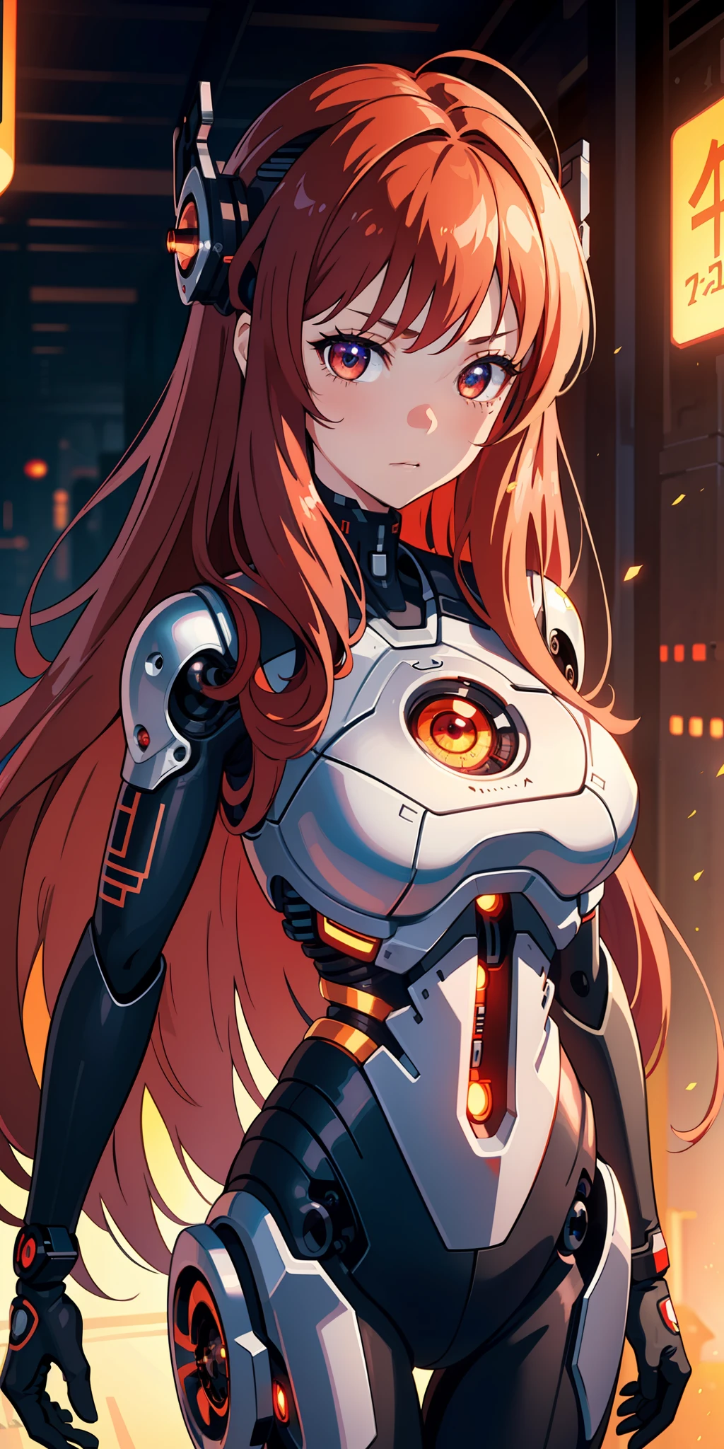 (extremely detailed CG unity 8k wallpaper), (finely detailed beautiful eyes: 1.2), (1 girl), (cyborg:1.3), (high-tech), (long crimson hair:1.2), embarrassed, (anime:1.2), Futurism, depth of field, (masterpiece:1.2), (best quality), 4K, high details