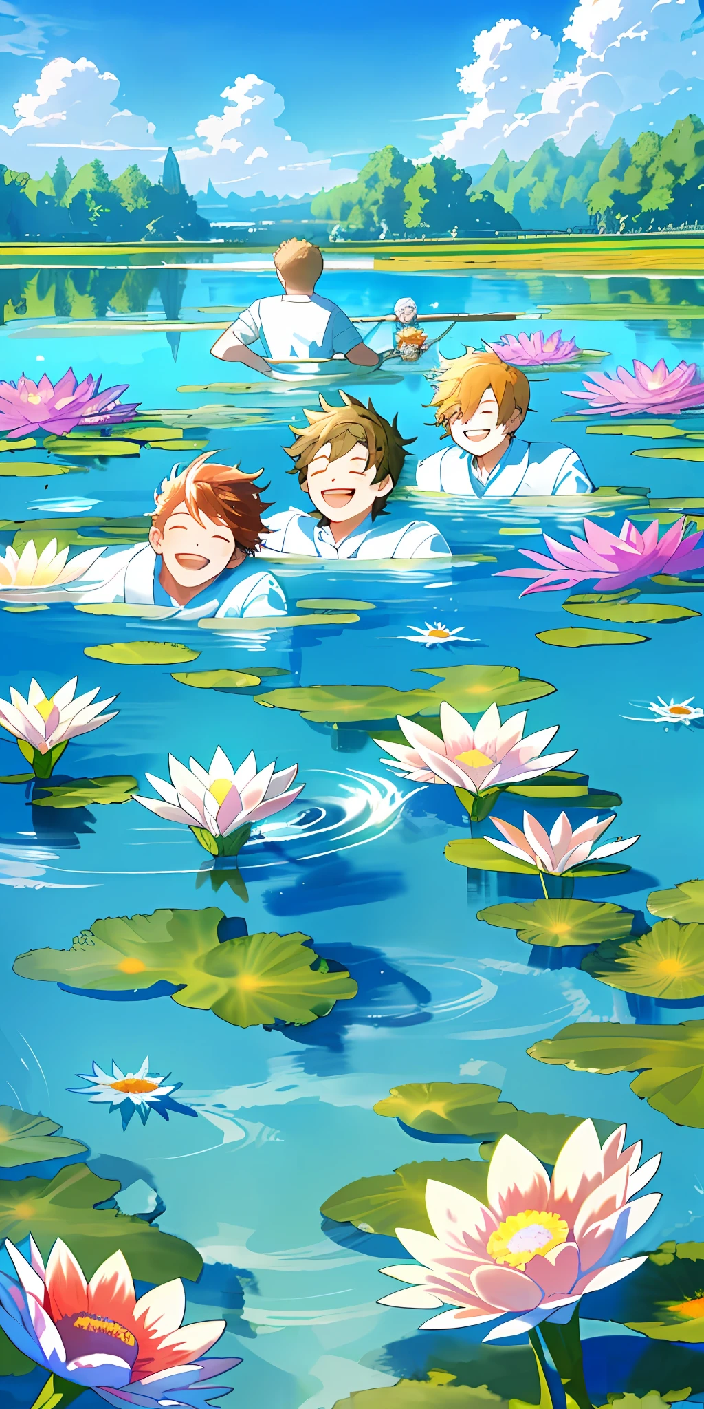 (masterpiece, best quality), 5boys, playing in water, lake full of flowers, clouds, sun, blue sky, good face, laughing, splashing, having fun, enjoying,