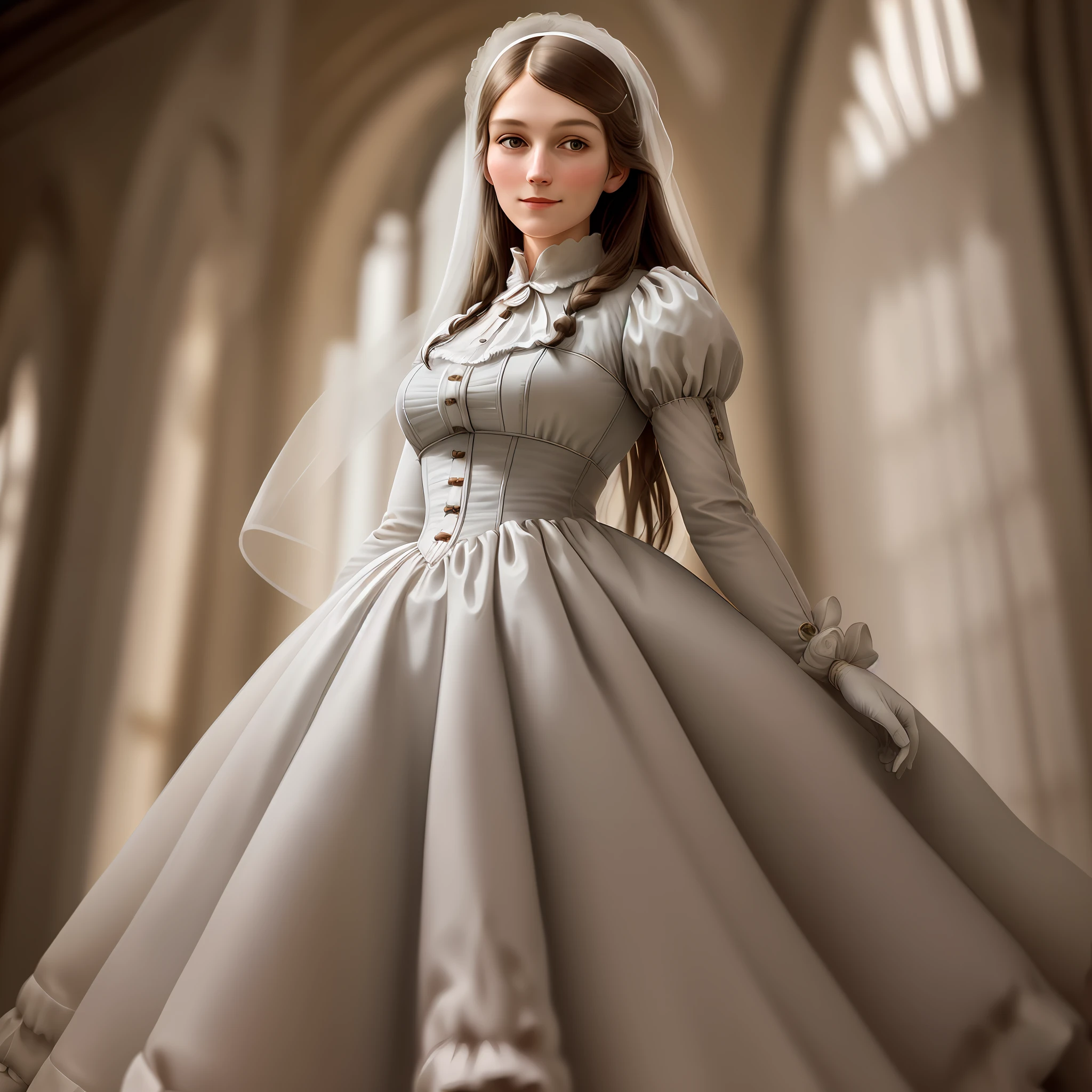 Florence Nightingale, 19th century, Victorian, bride, wedding dress, standing, upright, (((calm pose)), smiling at the camera, (((realistic face)), realistic proportions, white gloves, standard figure, formal shirt, white tights, loose collar buttons, delicate body, thin thighs, firm calves, long loose hair, straight (Delicate Illustrations: 1.4), (Delicate Illustrations: 1.4), (Renaissance Art: 1.4), (Ultra High Resolution: 1.2), (Photorealistic: 1.4), (8K, RAW Photos: 1.2), (Soft Focus: 1.4), (18 years old: 1.3), (Sharp Focus: 1.4), Beautiful Face with Attention to Detail, Pure Rose Face_V1, Antique, Natural light lighting, focus on people, shoot from the front of people,