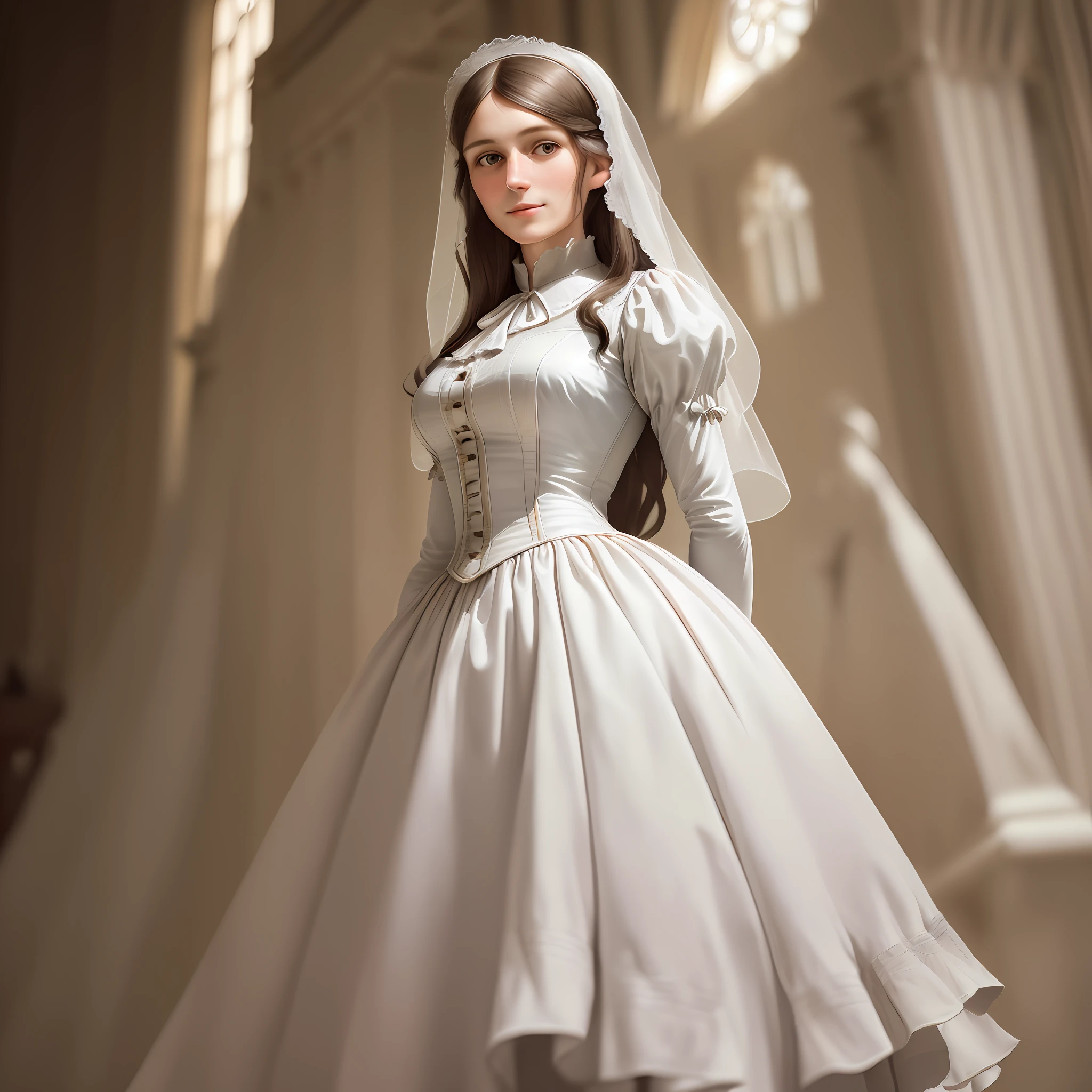 Florence Nightingale, 19th century, Victorian, bride, wedding dress, standing, upright, (((calm pose)), smiling at the camera, (((realistic face)), realistic proportions, white gloves, standard figure, formal shirt, white tights, loose collar buttons, delicate body, thin thighs, firm calves, long loose hair, straight (Delicate Illustrations: 1.4), (Delicate Illustrations: 1.4), (Renaissance Art: 1.4), (Ultra High Resolution: 1.2), (Photorealistic: 1.4), (8K, RAW Photos: 1.2), (Soft Focus: 1.4), (18 years old: 1.3), (Sharp Focus: 1.4), Beautiful Face with Attention to Detail, Pure Rose Face_V1, Antique, Natural light lighting, focus on people, shoot from the front of people,