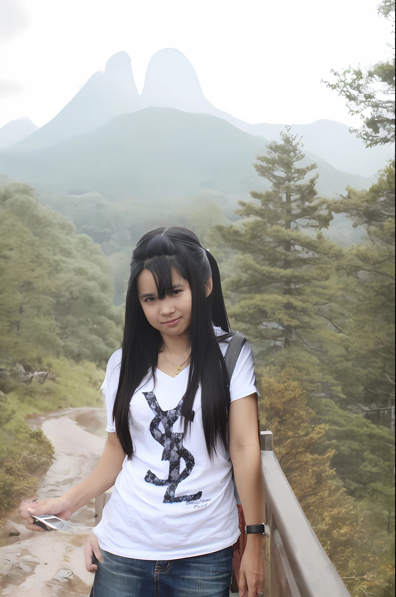 (Extreme CG Unity Wallpaper 8k Detail), (Masterpiece), (Best Quality), (Special Detail), (Best Illustration), (Best Shadow), (Photorealistic:1.1),(PureErosFace_V1:0.7),(Cute Taiwanese Girl),(Taiwanese Sexy Girl),(Taiwan Gorgeous),Real Human Skin, Lens Flicker, Shadow, Backlight, Depth of Field, Natural Light, Indoor, Dark Light, Hard Focus, Film Grain,(1girl),Best Quality, Ultra High Resolution,(Detailed Eyes:1.4),Brown Eyes, Seductive Smile, Very Happy, Pretty, Waist Show, Belly Button Display, (Individual Focus), (Full Body Selfies), (Hime Hairstyle with Low Back Braid Pigtail), (Black Sweatshirt Off Shoulders), (Big Breasts), Mountain View,Tribe,Hmong,Akha,Beautiful sky,Mountain,Forest,Waterfall,Dark sky,White clouds,Forest view