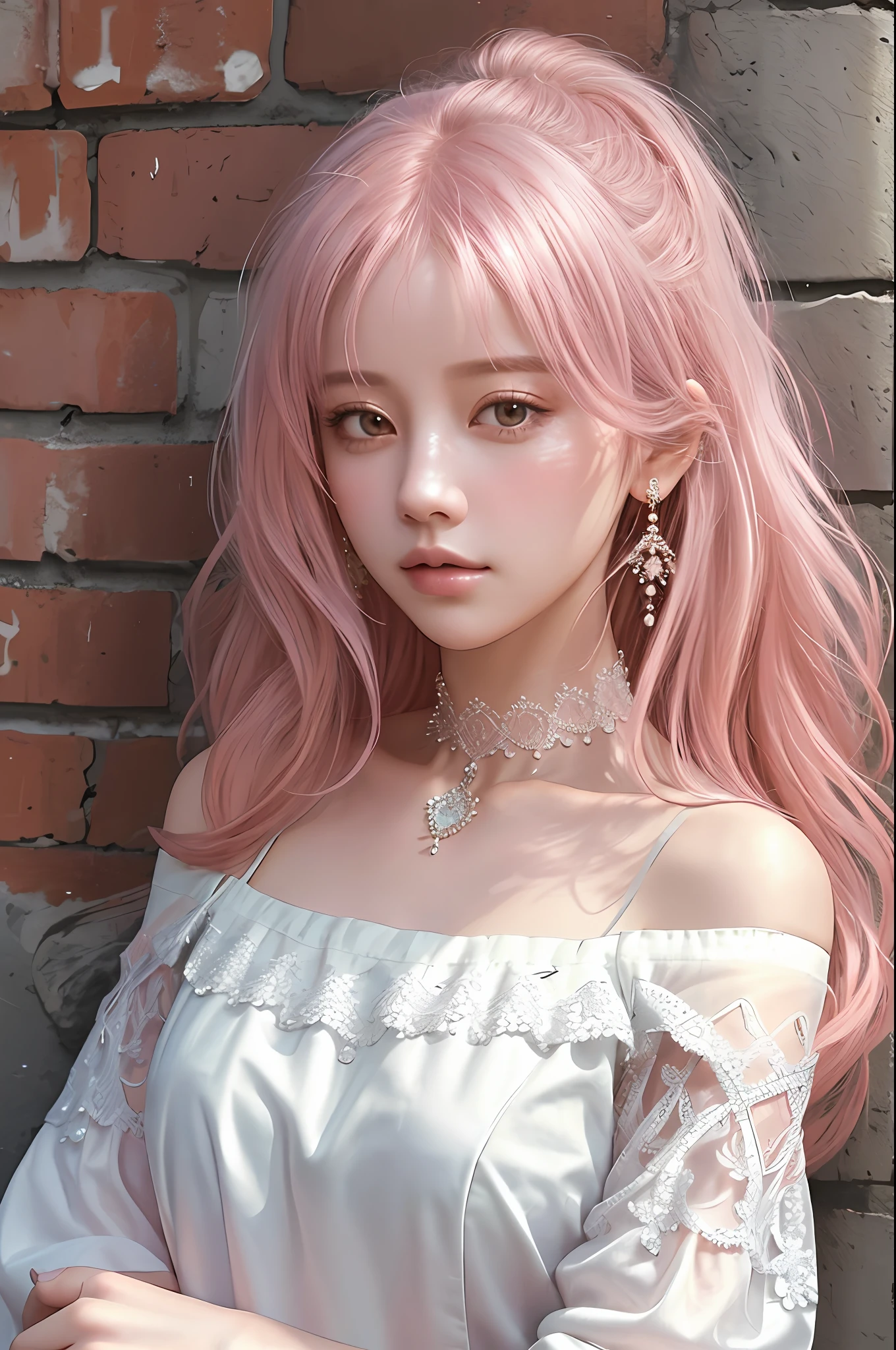 ultra realistic 8k cg, masterpiece, ((ultra detailed background, delicate pattern, intricate detail)), best quality, intricate details, chromatic aberration, 1girl, long hair, pink hair, messy hair, hair over one eye, sharp eyes, choker, brick wall, graffiti, dim lighting, alley, oversized shirt,off shoulder, see through white shirt, Masterpiece, best quality