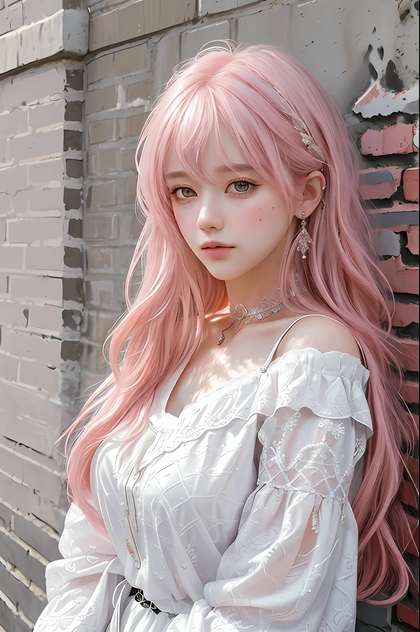 ultra realistic 8k cg, masterpiece, ((ultra detailed background, delicate pattern, intricate detail)), best quality, intricate details, chromatic aberration, 1girl, long hair, pink hair, messy hair, hair over one eye, sharp eyes, choker, brick wall, graffiti, dim lighting, alley, oversized shirt,off shoulder, see through white shirt, Masterpiece, best quality