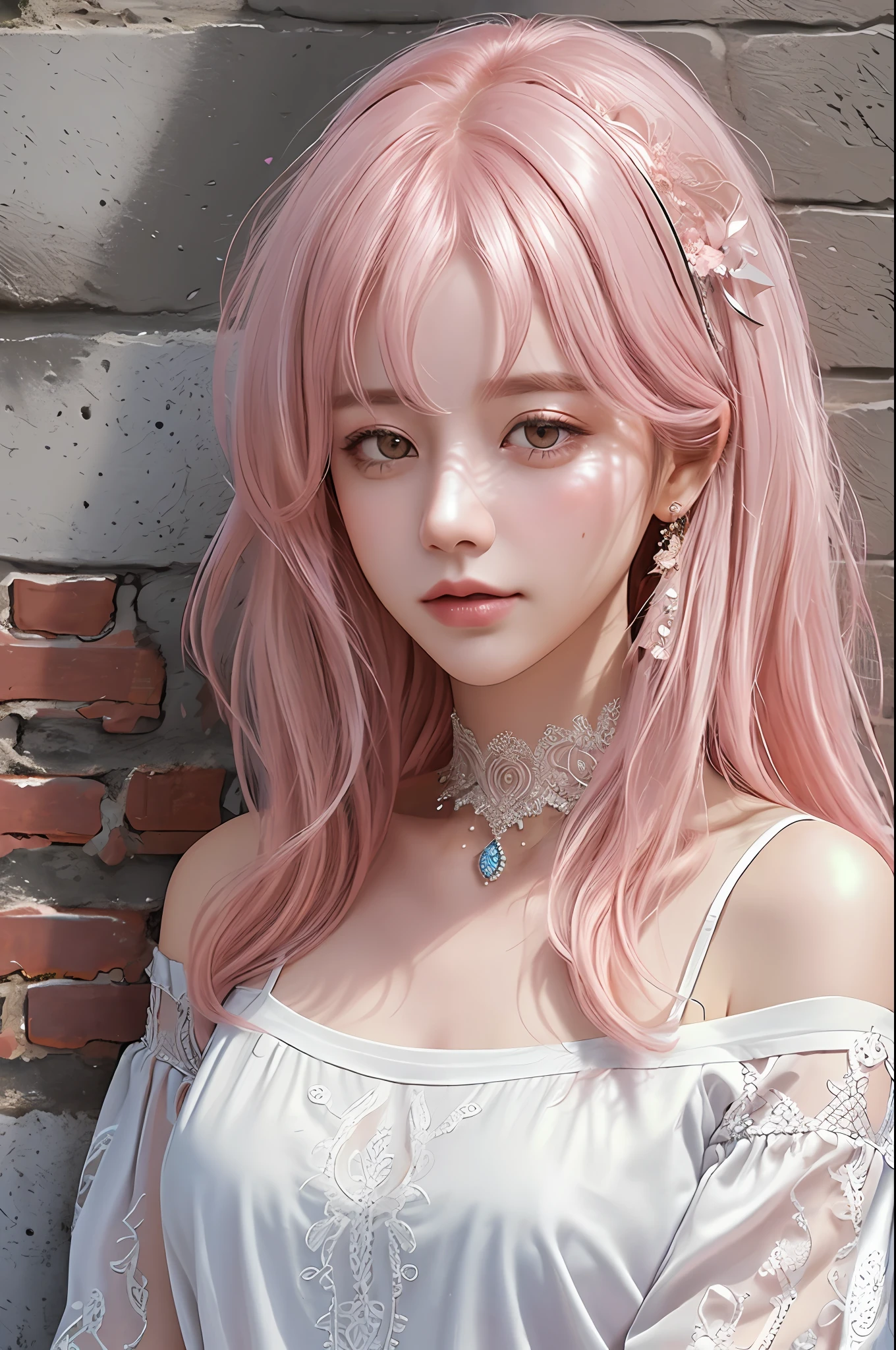 ultra realistic 8k cg, masterpiece, ((ultra detailed background, delicate pattern, intricate detail)), best quality, intricate details, chromatic aberration, 1girl, long hair, pink hair, messy hair, hair over one eye, sharp eyes, choker, brick wall, graffiti, dim lighting, alley, oversized shirt,off shoulder, see through white shirt, Masterpiece, best quality