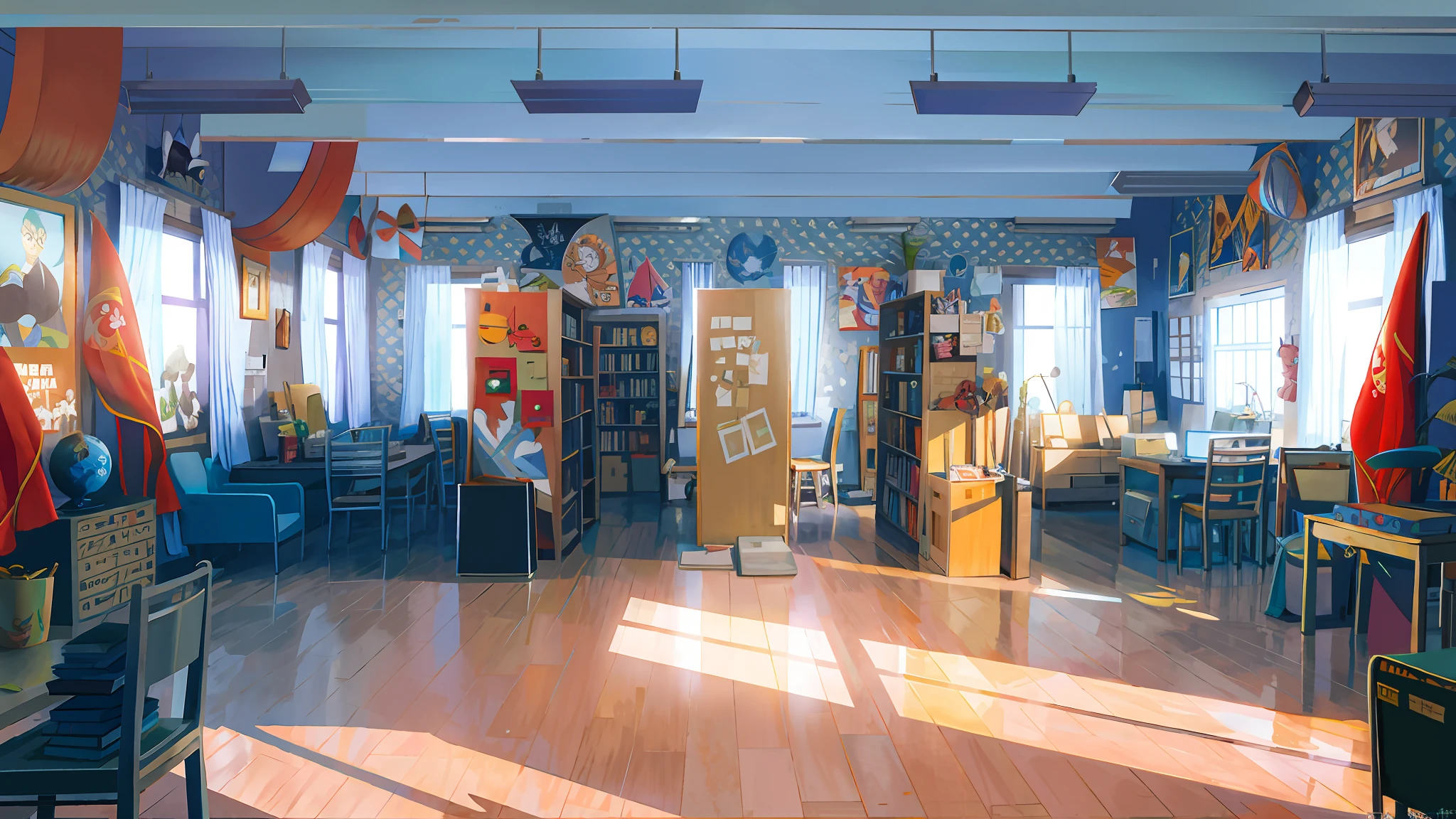 Shinkai Makoto style, Miyazaki style, interior scene, cool color, sunlight penetration, two-dimensional scene, office, library, floor, table, chair