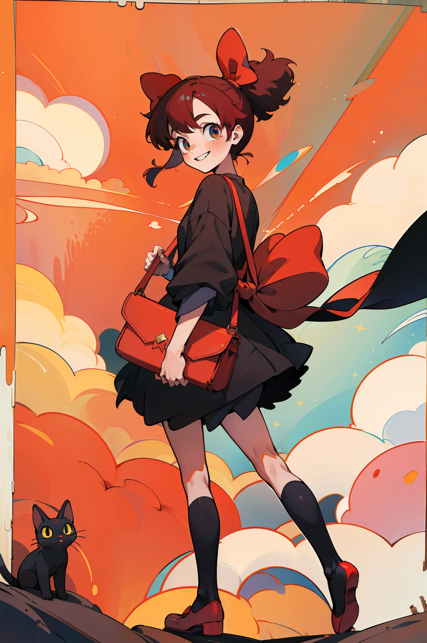 (masterpiece:1.4), (best qualit:1.4), (high resolution:1.4),1girl, kiki, black robe, (red hair bow:1), messenger bag, looking at viewer, smile,   black_cat, red shoes