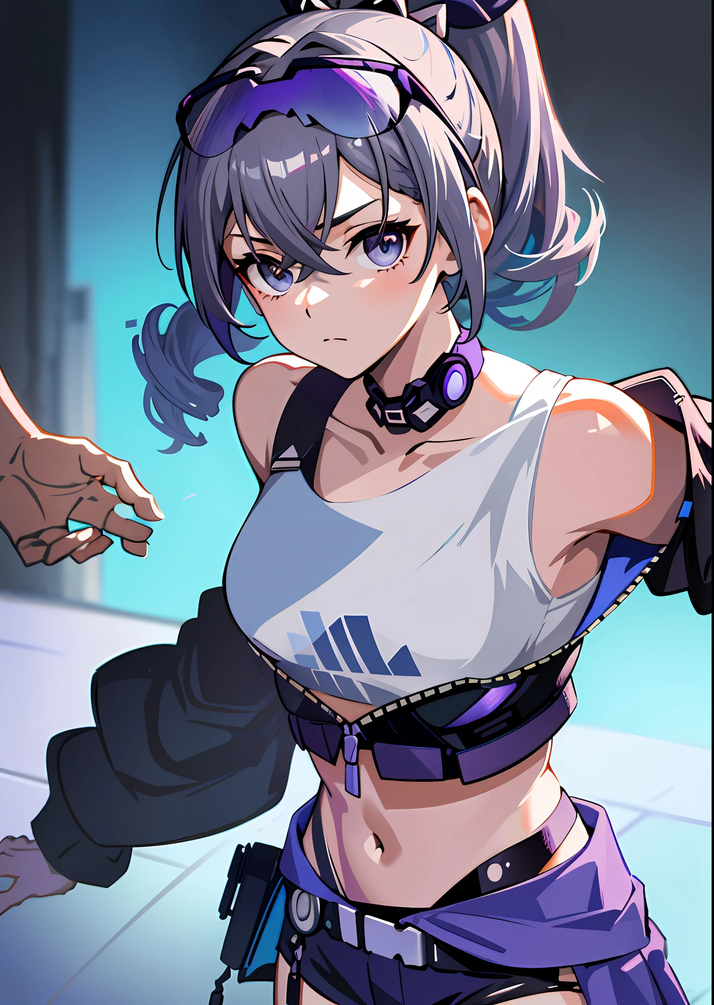 Anime girl with curly high ponytail, gray hair, blue-purple gradient glasses, cyberpunk style, wearing a black cropped jacket and white sports bra, petite, beautiful face, vivid and cute expression, wearing shorts, looking at the camera, the lens highlights the characters, masterpiece, cinematic sense, the action of stretching the body, Shinkai Makoto style, the character is in the focus of the lens, golden ratio, large aperture, strong light and shadow, clean background, extreme detail presentation, bright tones, very impactful picture, solid color background