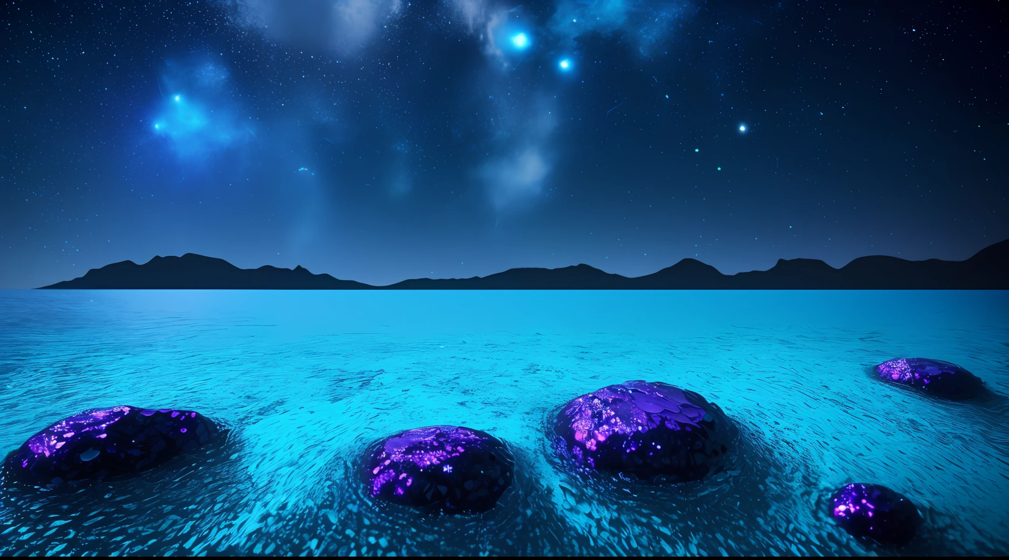 smooth rolling waves of (blue ocean) on alien planet, beautiful transparent water, night, gigantic fish jumps from the waves, blotches of irridescent plankton in water, glittering shiny water spray, background is deep purple sky dotted with stars, unknown constellations in the sky, (multiple moons of random colour:1.2), glowing horizon, masterpiece, best quality, detailed 4k wallpaper, award winning art, Bokeh, Depth of Field, HDR, bloom, Chromatic Aberration, extremely detailed, trending on artstation, trending on CGsociety, dramatic