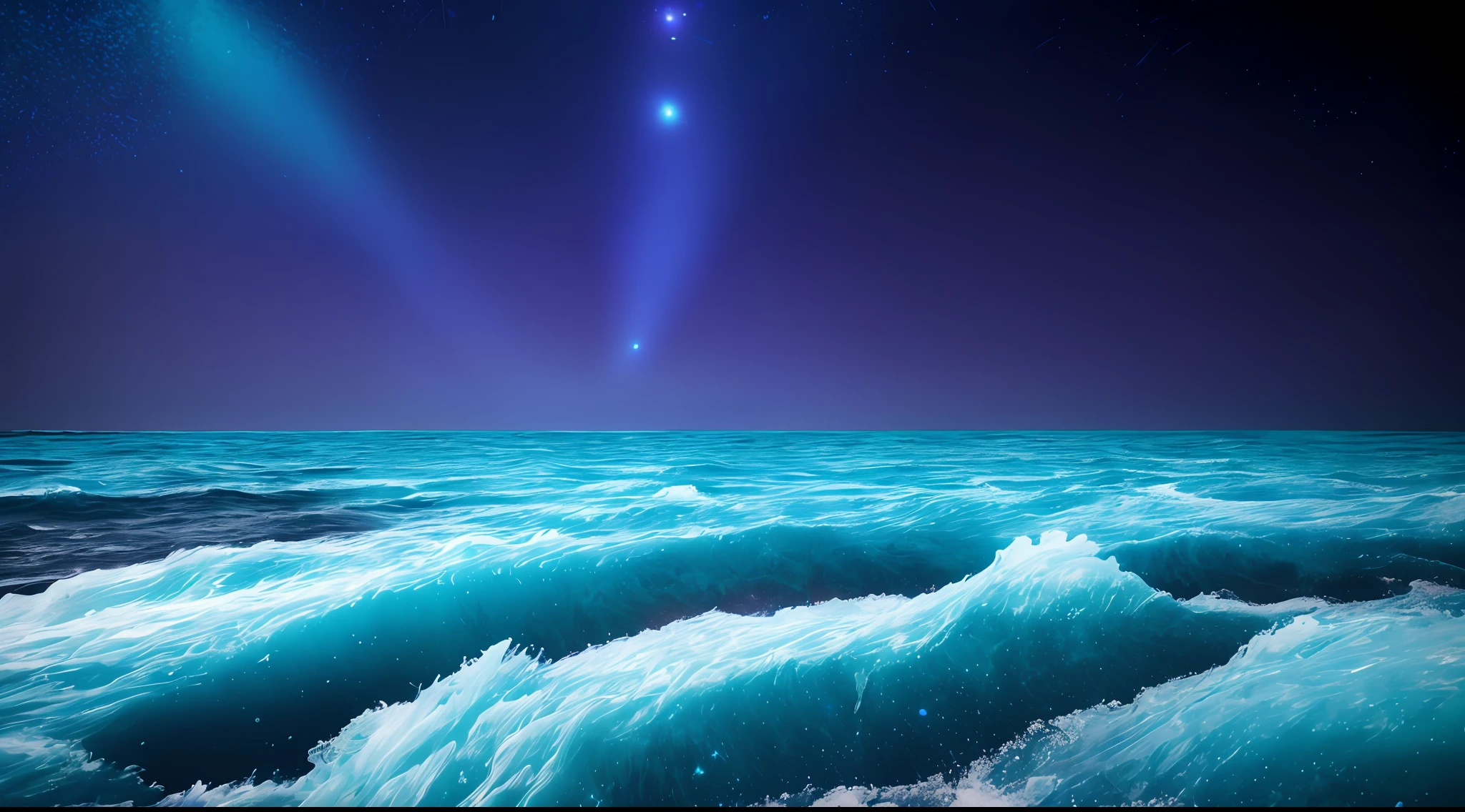 smooth rolling waves of (blue ocean) on alien planet, beautiful transparent water, night, gigantic fish jumps from the waves, blotches of irridescent plankton in water, glittering shiny water spray, background is deep purple sky dotted with stars, unknown constellations in the sky, (multiple moons of random colour:1.2), glowing horizon, masterpiece, best quality, detailed 4k wallpaper, award winning art, Bokeh, Depth of Field, HDR, bloom, Chromatic Aberration, extremely detailed, trending on artstation, trending on CGsociety, dramatic