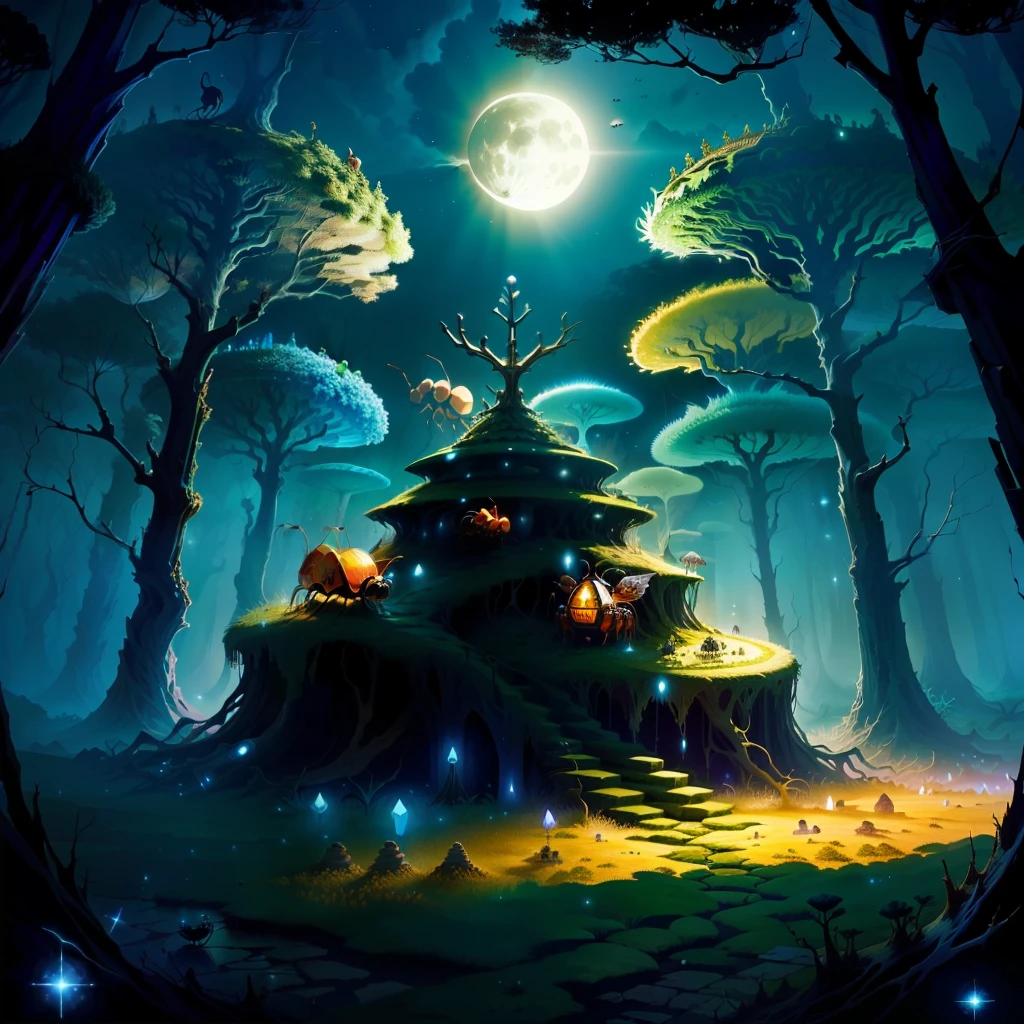 broken crown anthill, Ants, insects, moonlight, forest, fantasy