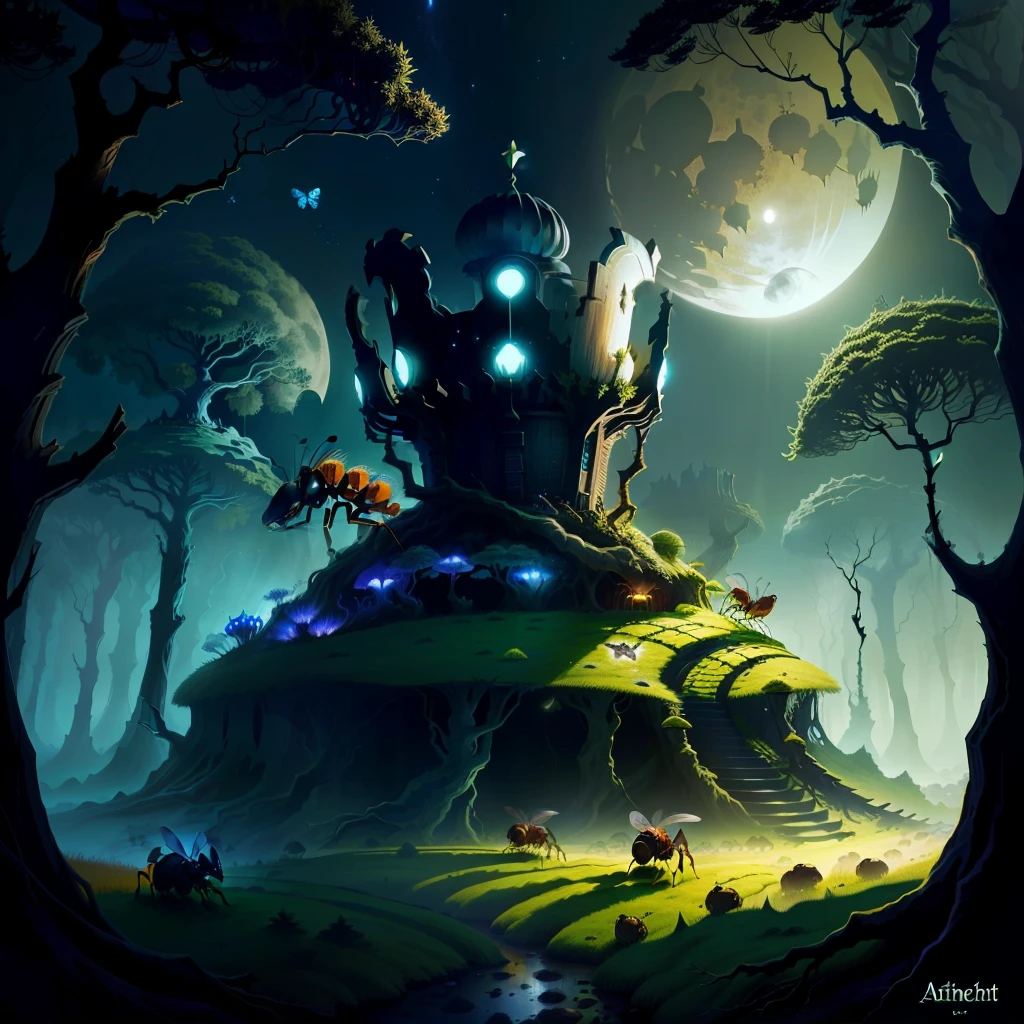 broken crown anthill, Ants, insects, moonlight, forest, fantasy