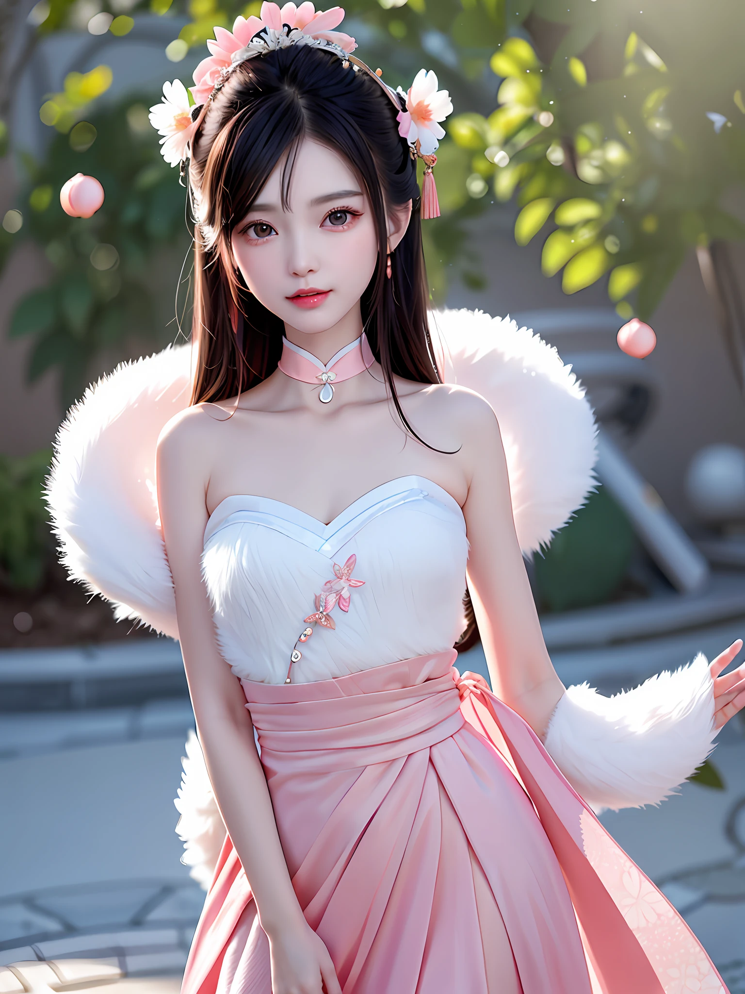 A gentle and lovely Chinese beautiful woman, delicate and sexy collarbone, charming goose egg face, double eyelids, flexible peach blossom eyes, pink lips, small upturned nose, bare shoulders, focused face, face close-up, ultra HD, super detail, full body photo, ultra-thin light transmission optimal ratio four fingers and one thumb,