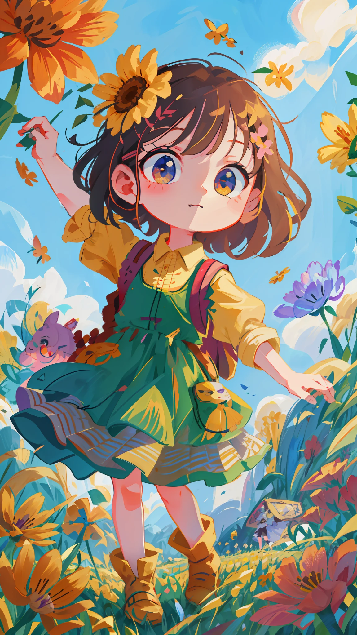 cartoon girl in a field of flowers with a backpack, childrens art in artstation, cute detailed digital art, cute art style, cute detailed artwork, adorable digital painting, girl in flowers, cute digital art, girl dancing in a flower field, full body portrait of a short!, girl in a flower field, a beautiful artwork illustration, girl jumping in a flower field