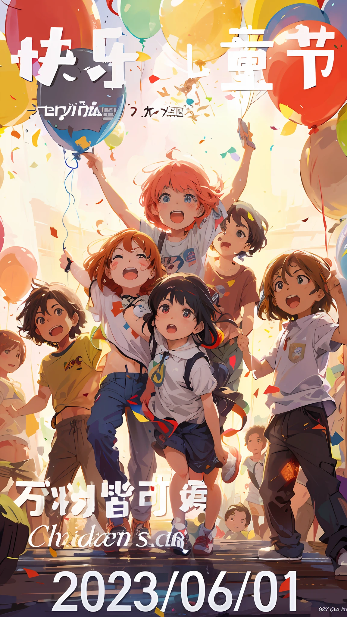 Anime poster with balloons and confetti of a group of children, anime cover, official anime artwork, official artwork, official fan art, guvez on pixiv art station, kavasi, high detail official artwork, cute art style, digital anime illustration, guvitz-style artwork, anime key visual concept, guvitz on artstation, (extremely delicate and beautiful), (beautiful and detailed eye description), super detailed, masterpiece, }},