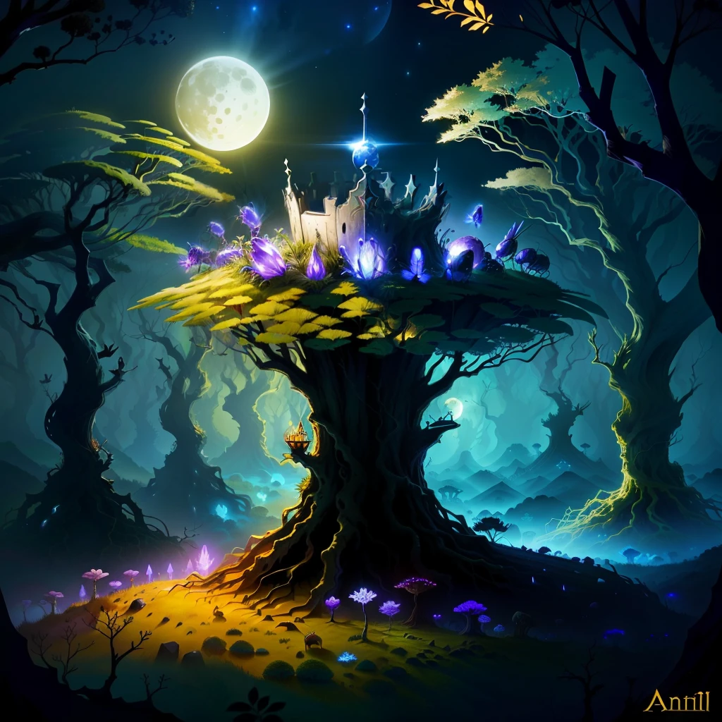 broken crown anthill, Ants, insects, moonlight, forest, fantasy