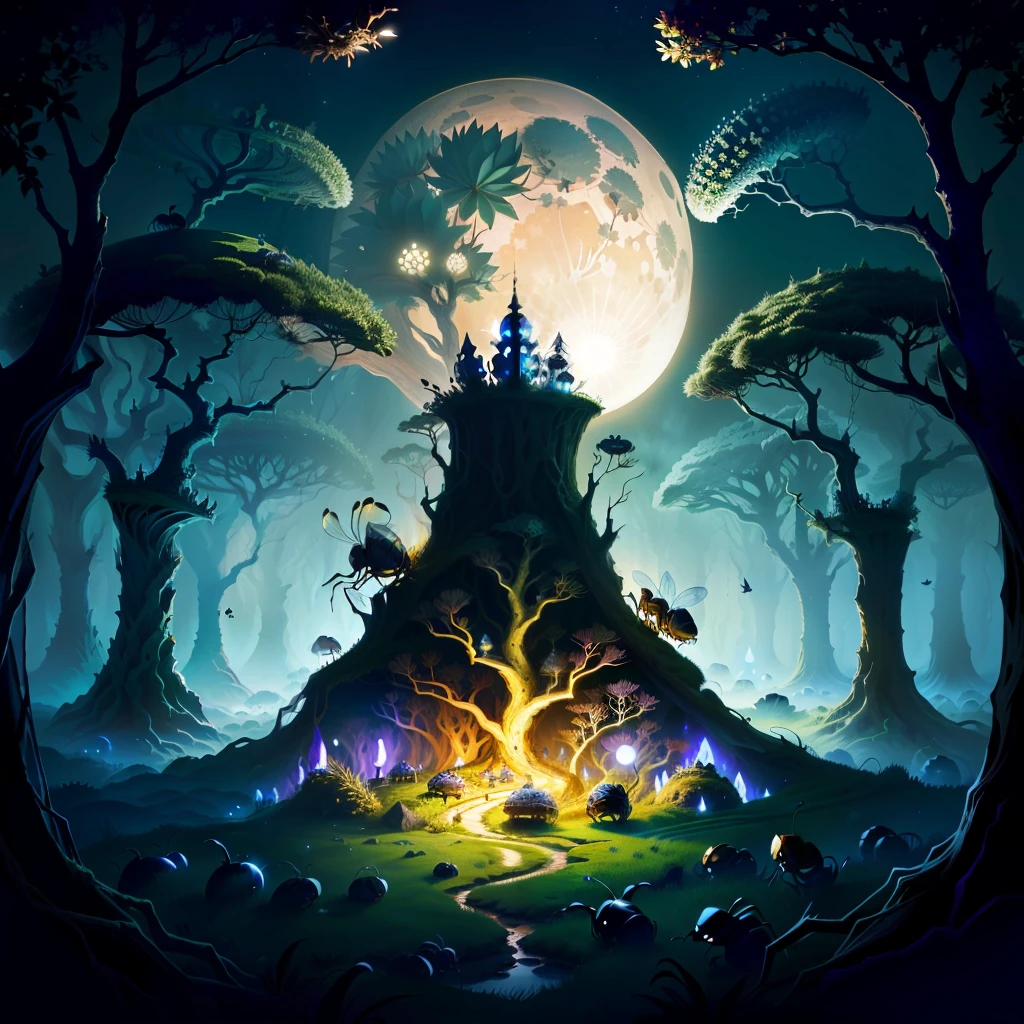 broken crown anthill, Ants, insects, moonlight, forest, fantasy
