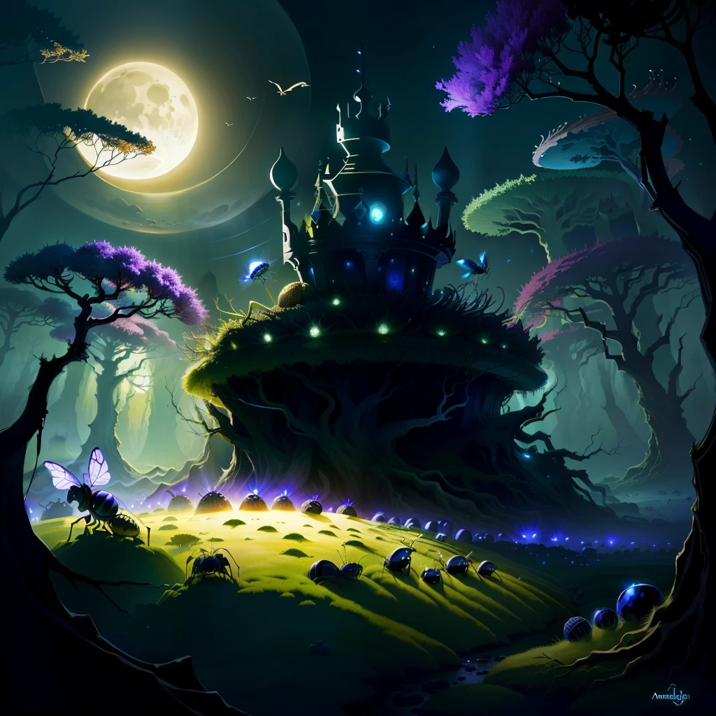 broken crown anthill, Ants, insects, moonlight, forest, fantasy