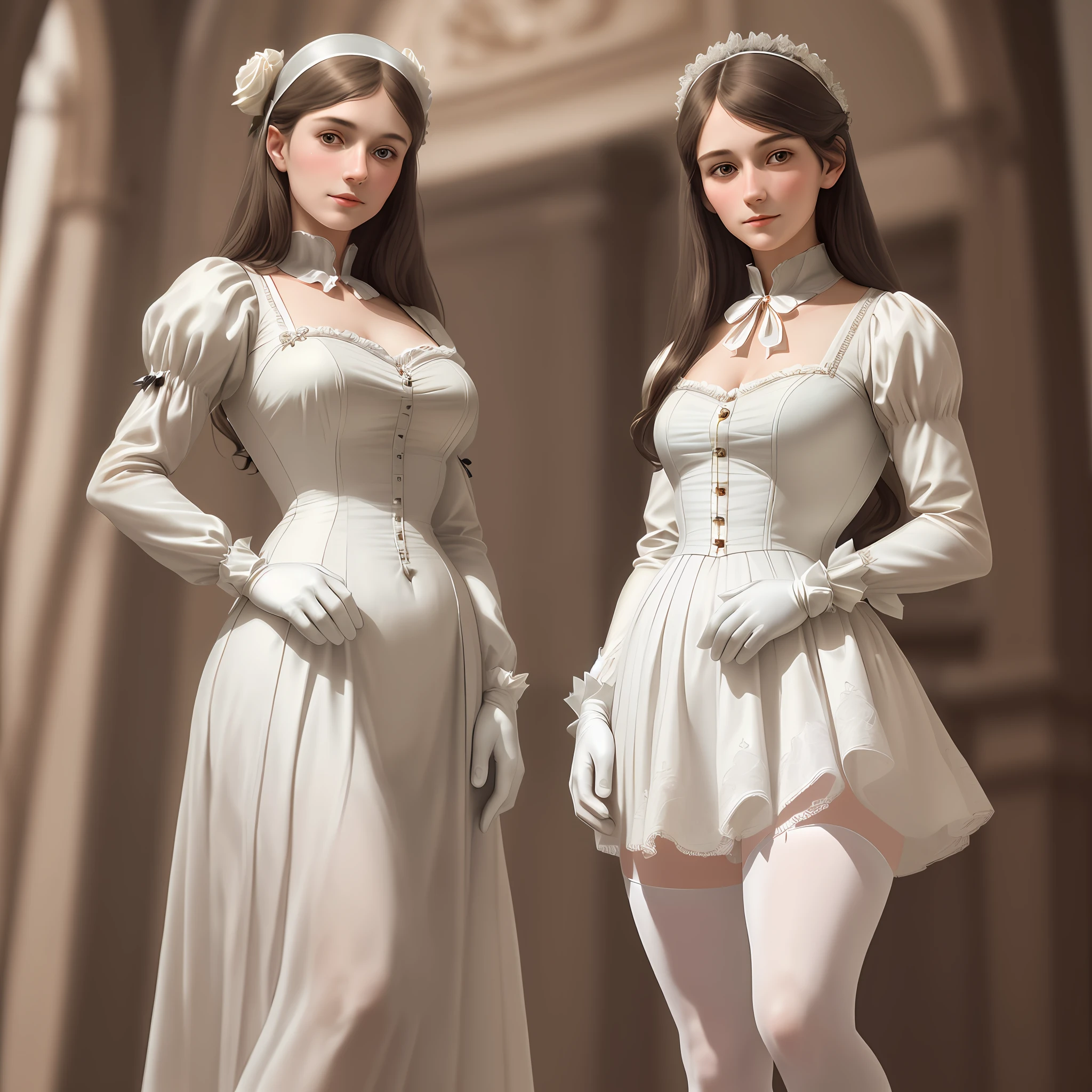 beautiful girl in England, puberty, Florence Nightingale, 19th century, Victorian, (ballet clothes), navel visible, sheer underwear, underwear, tea time, standing up, upright, ((calm pose)), smiling, (((realistic face)), realistic proportions, standard figure, rose floral ornament, white gloves, formal shirt, white tights, loose collar buttons, Nipple bumps, long loose hair, noble features, [lift the hem of skirt], staring at the camera, eyes of oneself, (delicate illustrations: 1.4), (Renaissance art: 1.4), (ultra high resolution: 1.2), (photorealism: 1.4), (8K, RAW photos: 1.2), (soft focus: 1.4), (18 years old: 1.3), (sharp focus: 1.4) , Beautiful face with attention to detail, pure rose face _V1, antique,