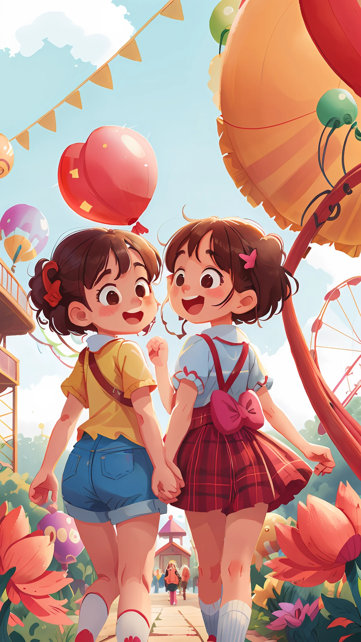 Two girls, amusement park, holding balloons, happy, happy, perfect quality, clear focus (clutter - home: 0.8), (masterpiece: 1.2) (Realistic: 1.2) (Bokeh) (Best quality) (Detailed skin: 1.3) (Intricate details) (8K) (Detail eyes) (Sharp focus), (Happy)