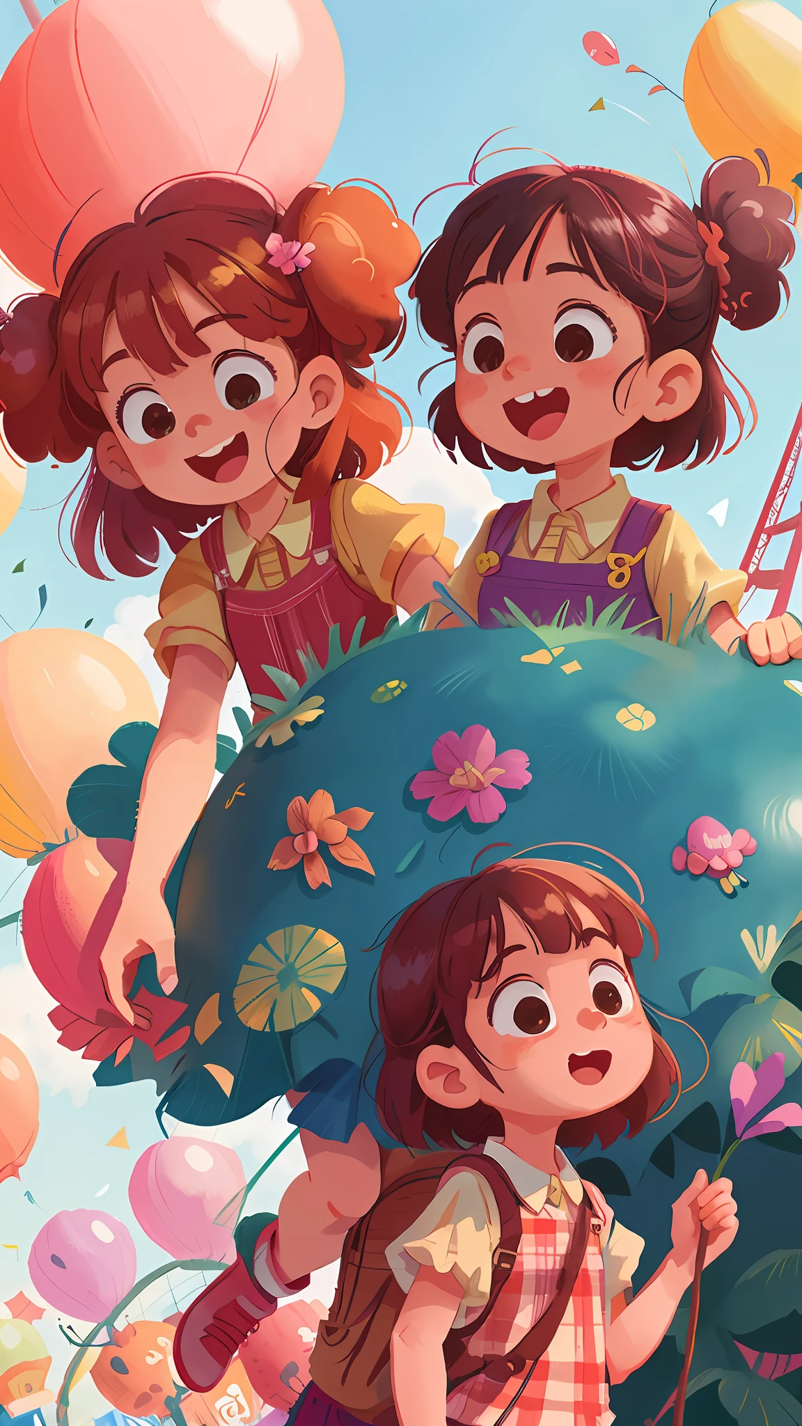 Two girls, amusement park, holding balloons, happy, happy, perfect quality, clear focus (clutter - home: 0.8), (masterpiece: 1.2) (Realistic: 1.2) (Bokeh) (Best quality) (Detailed skin: 1.3) (Intricate details) (8K) (Detail eyes) (Sharp focus), (Happy)