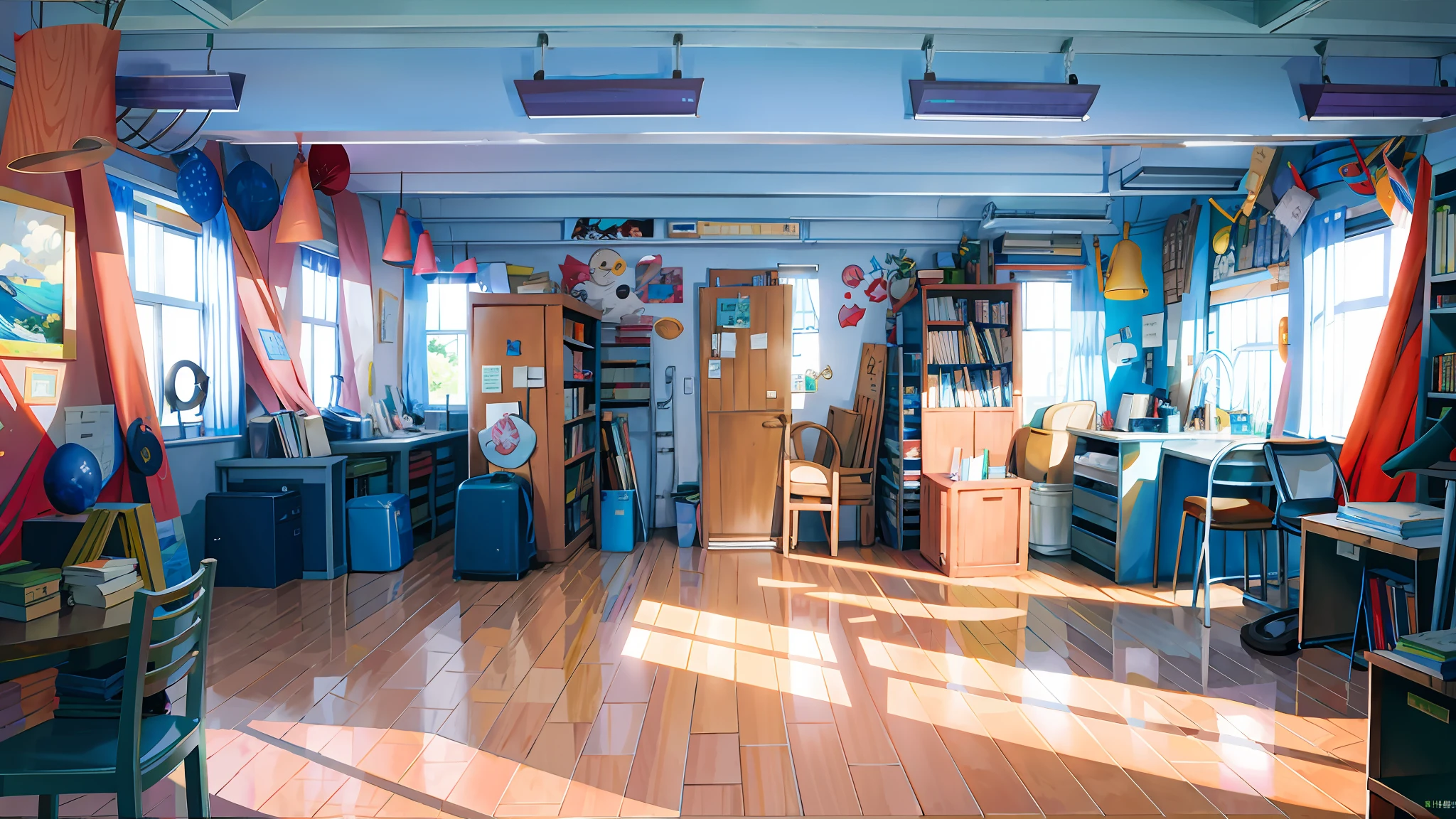 Makoto Shinkai style, Miyazaki style, interior scene, cool colors, sunlight infiltration, office, library, floor, table, chair