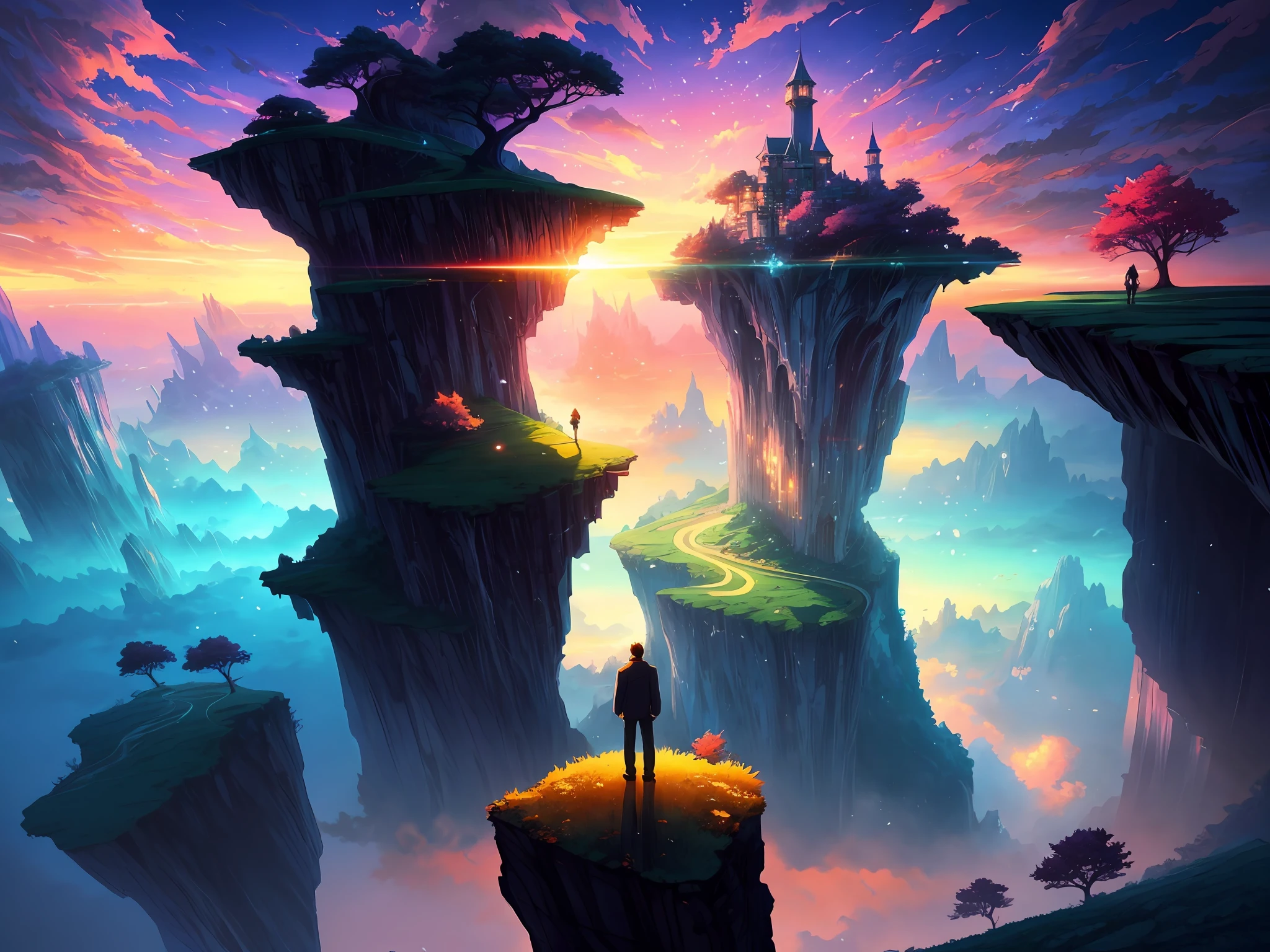 anime landscape with a man standing on a cliff looking at a giant tower, makoto shinkai cyril rolando, inspired by Cyril Rolando, in style of cyril rolando, cyril rolando and goro fujita, anime art wallpaper 8 k, anime art wallpaper 4k, anime art wallpaper 4 k, inspired by sylvain sarrailh