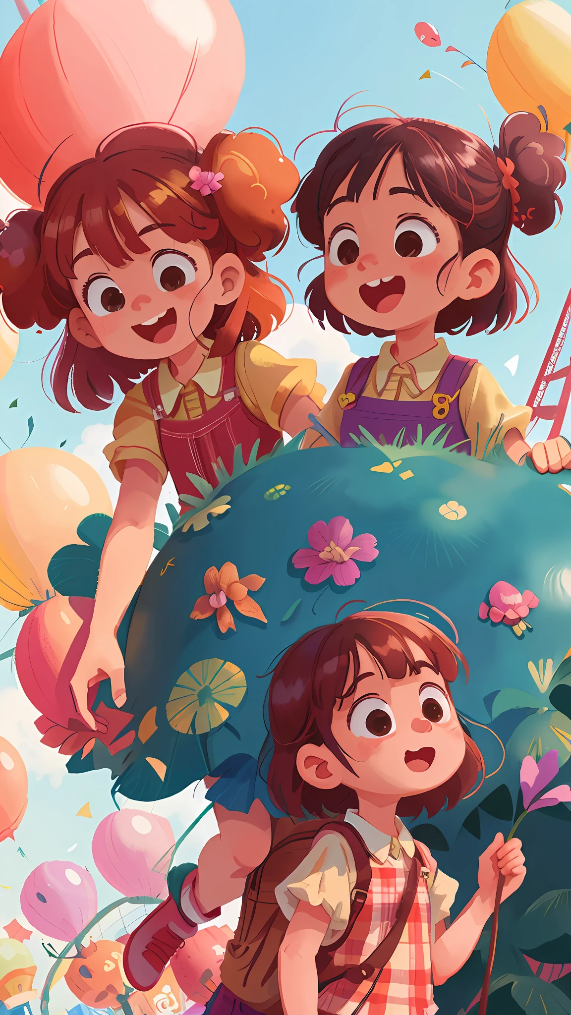 Two boys, amusement park, holding balloons, happy, happy, perfect quality, clear focus (clutter - home: 0.8), (masterpiece: 1.2) (Realistic: 1.2) (Bokeh) (Best quality) (Detailed skin: 1.3) (Intricate details) (8K) (Detail Eyes) (Sharp Focus), (Happy)